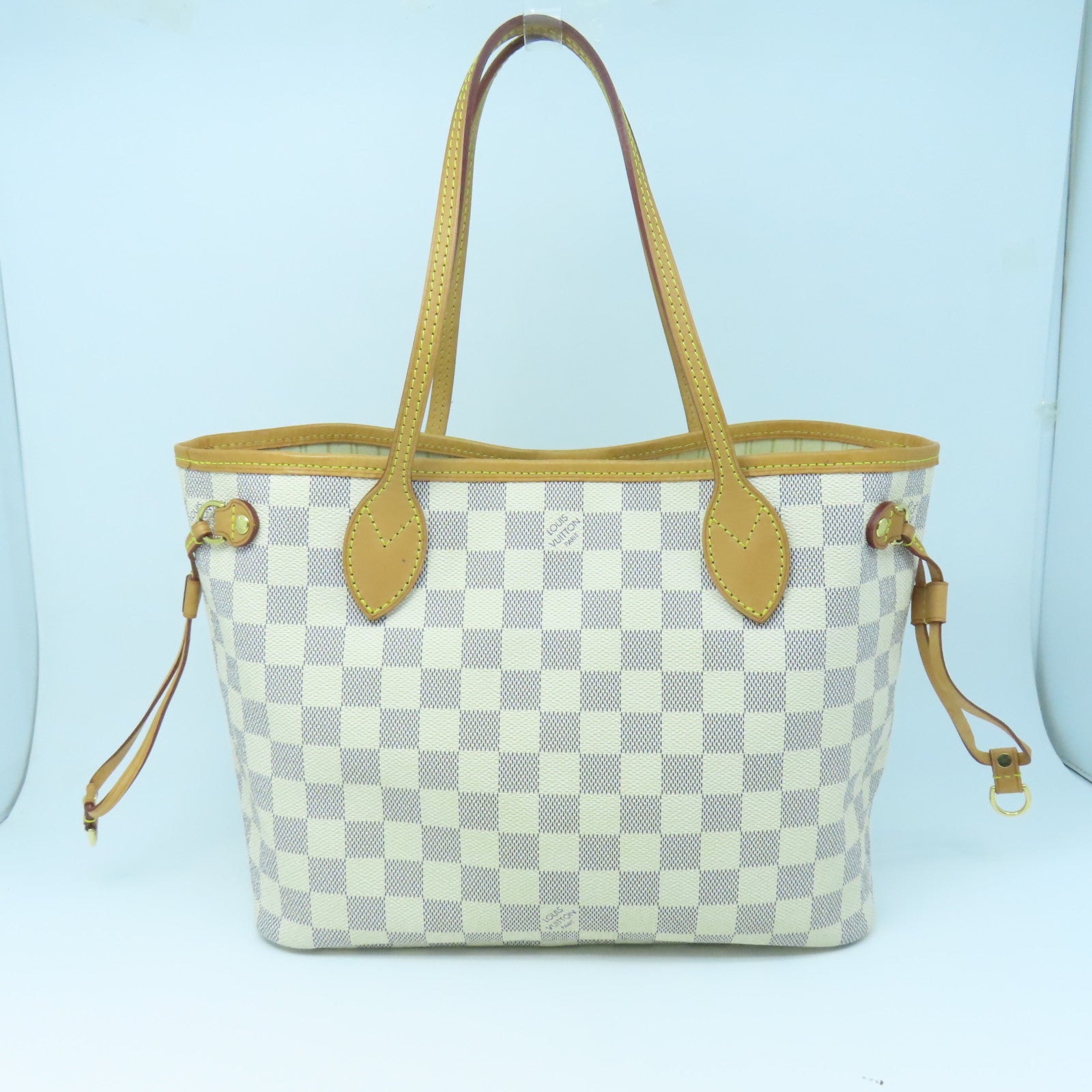 LOUIS VUITTON Damier Azur Neverfull PM Gold Buckle Handle Bag White