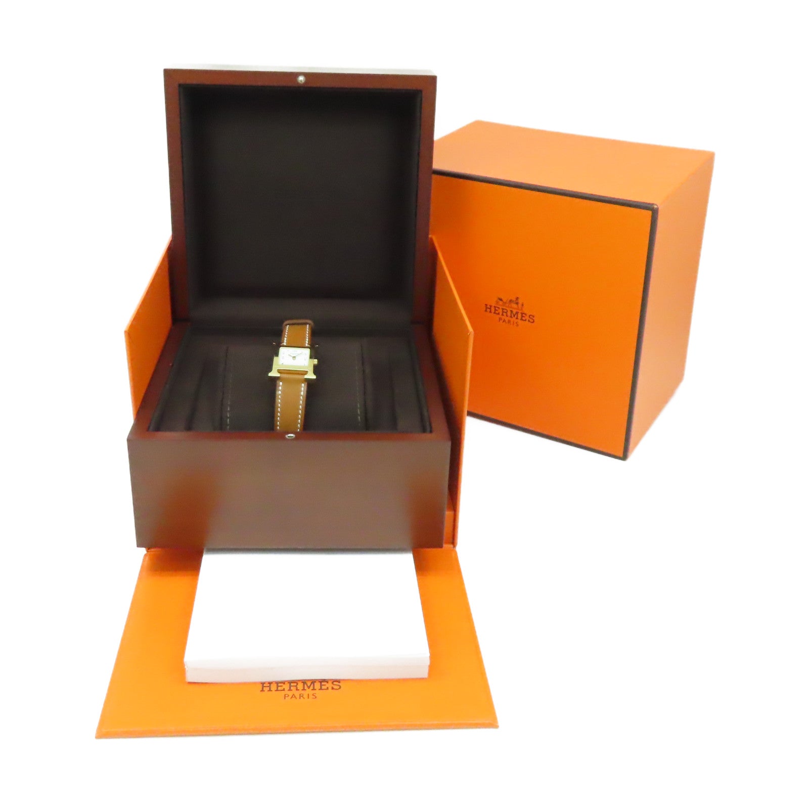 HERMES Heure H Watch 18K黃金/不鏽鋼/皮革帶石英機芯手錶白色/啡色