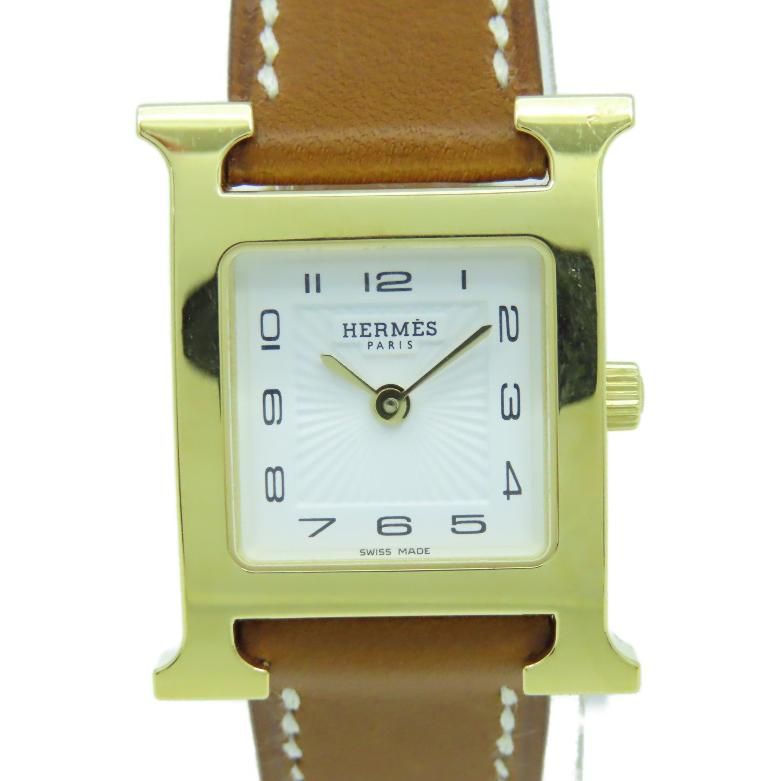HERMES Heure H Watch 18K黃金/不鏽鋼/皮革帶石英機芯手錶白色/啡色