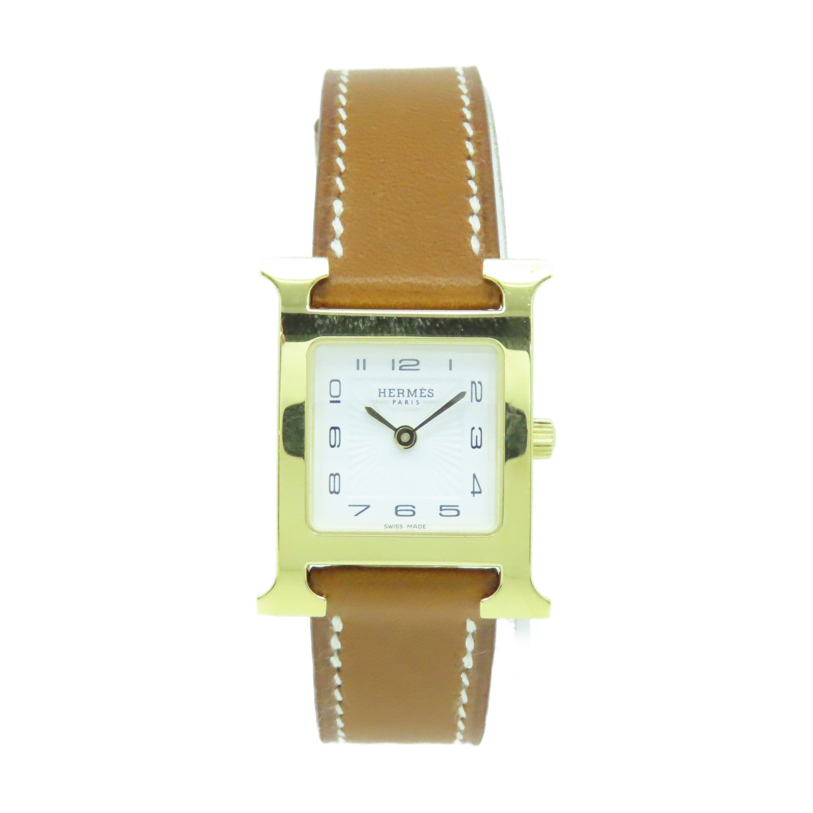 HERMES Heure H Watch 18K黃金/不鏽鋼/皮革帶石英機芯手錶白色/啡色