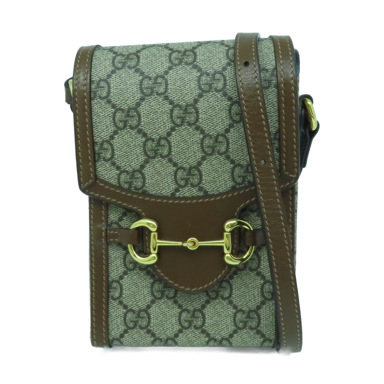 GUCCI 塗層帆布Mini Horsebit 1955金扣肩背袋啡色