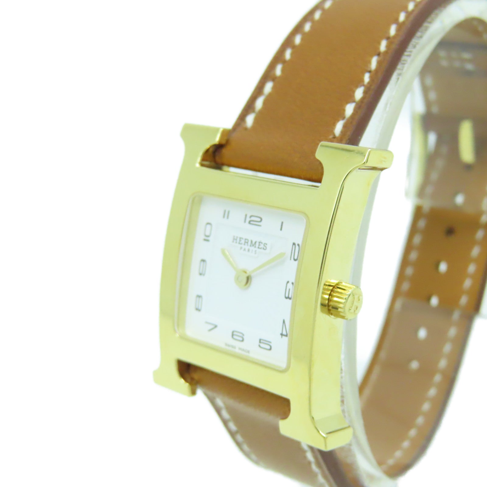 HERMES Heure H Watch 18K黃金/不鏽鋼/皮革帶石英機芯手錶白色/啡色