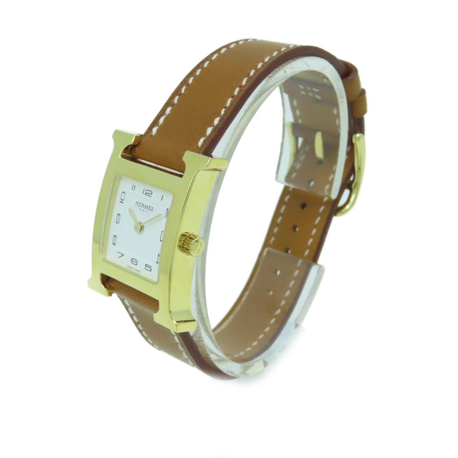 HERMES Heure H Watch 18K黃金/不鏽鋼/皮革帶石英機芯手錶白色/啡色