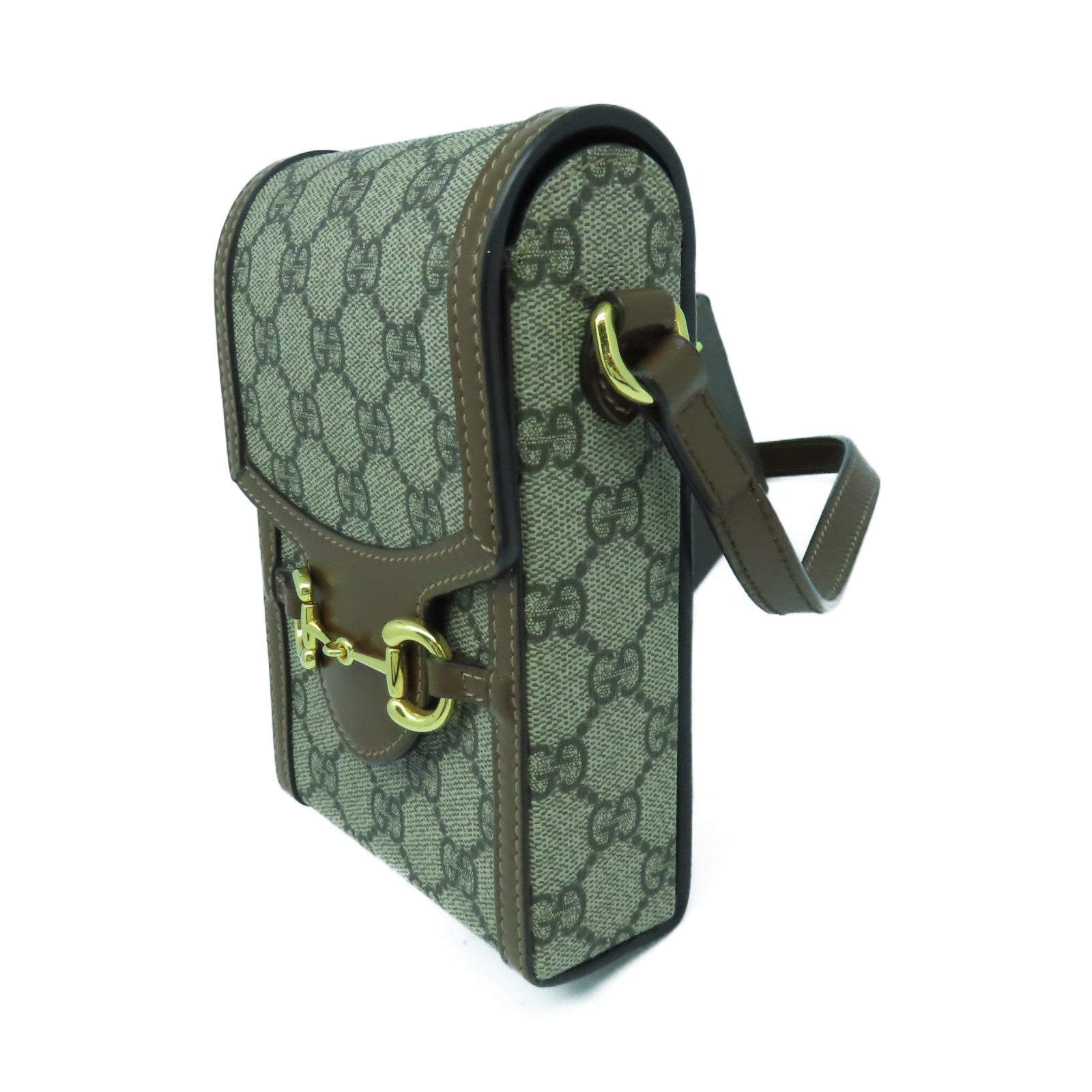 GUCCI 塗層帆布Mini Horsebit 1955金扣肩背袋啡色