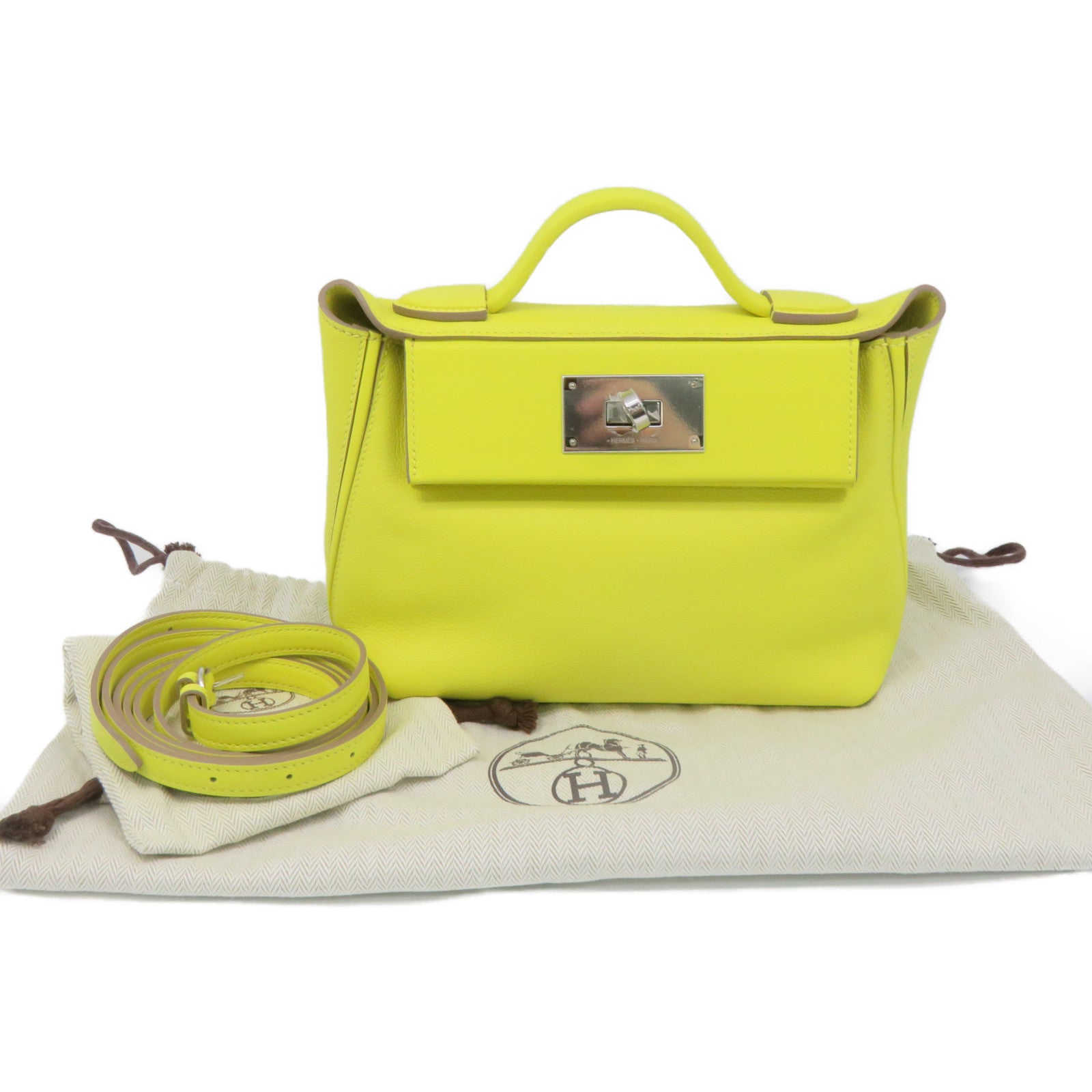 HERMES [Sharp Discount] Evercolor Leather Mini 24/24 2Way Shoulder Bag Silver Buckle Handle Shoulder Bag Lime Yellow