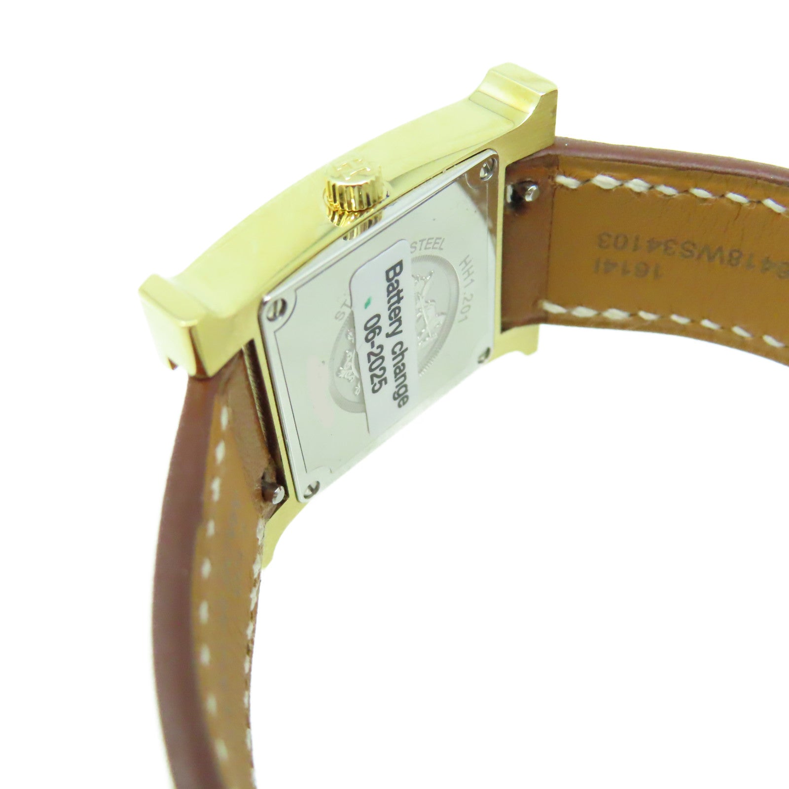 HERMES Heure H Watch 18K黃金/不鏽鋼/皮革帶石英機芯手錶白色/啡色