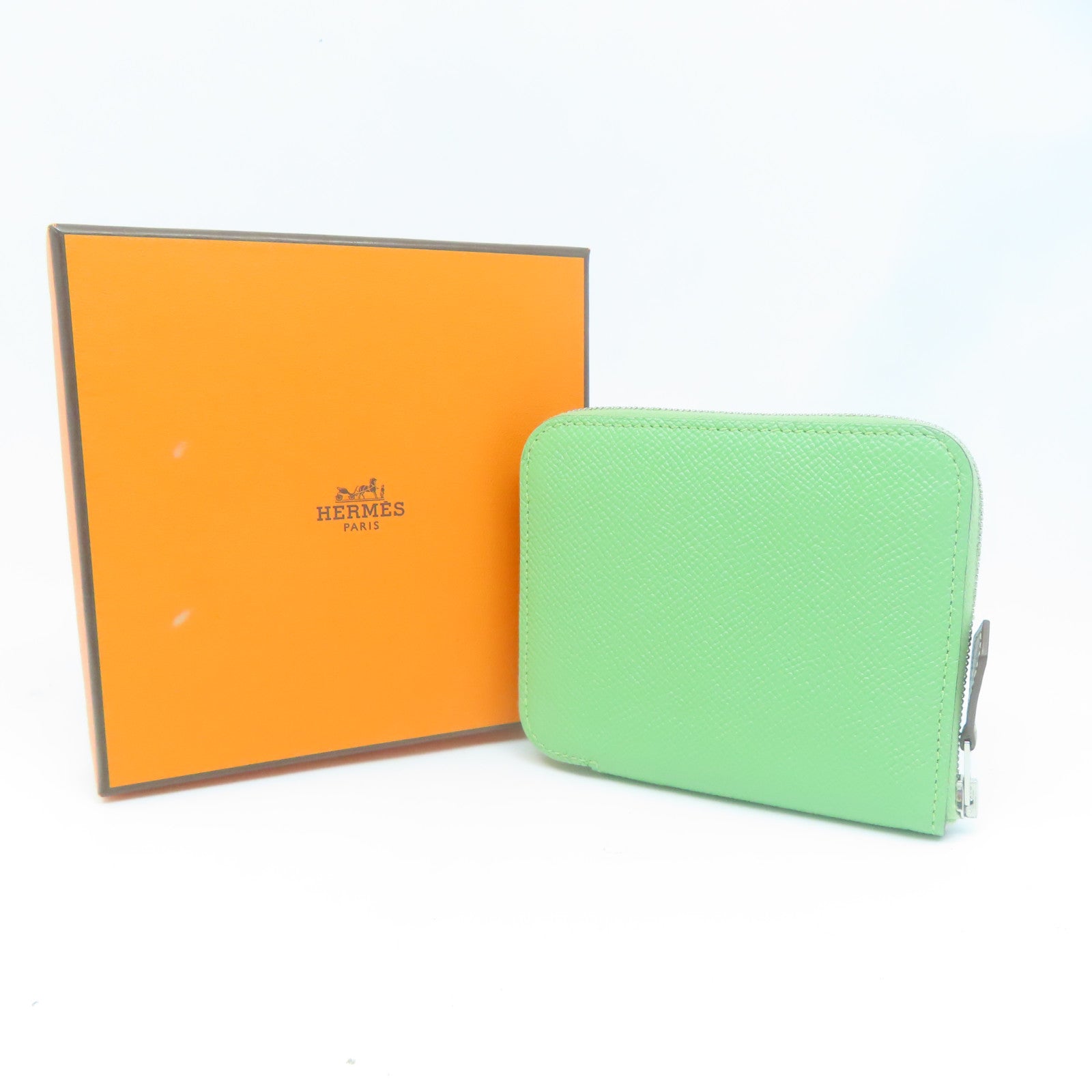 HERMES Epsom皮革Silk In Wallet銀扣錢包Vert Criquet蟋綠/牛油果/酪梨綠色