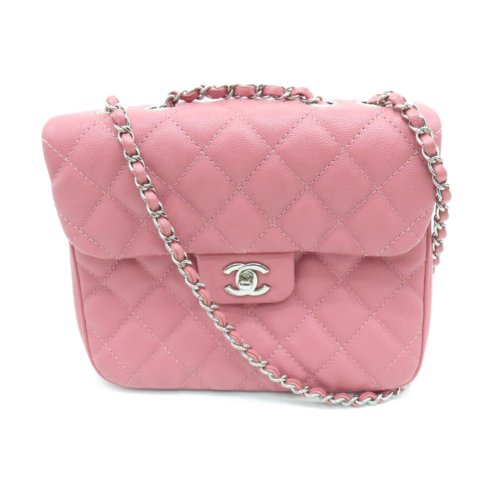 CHANEL 【激減優惠】菱格Caviar皮革Chain Shoulder銀扣鏈帶肩背袋粉紅色