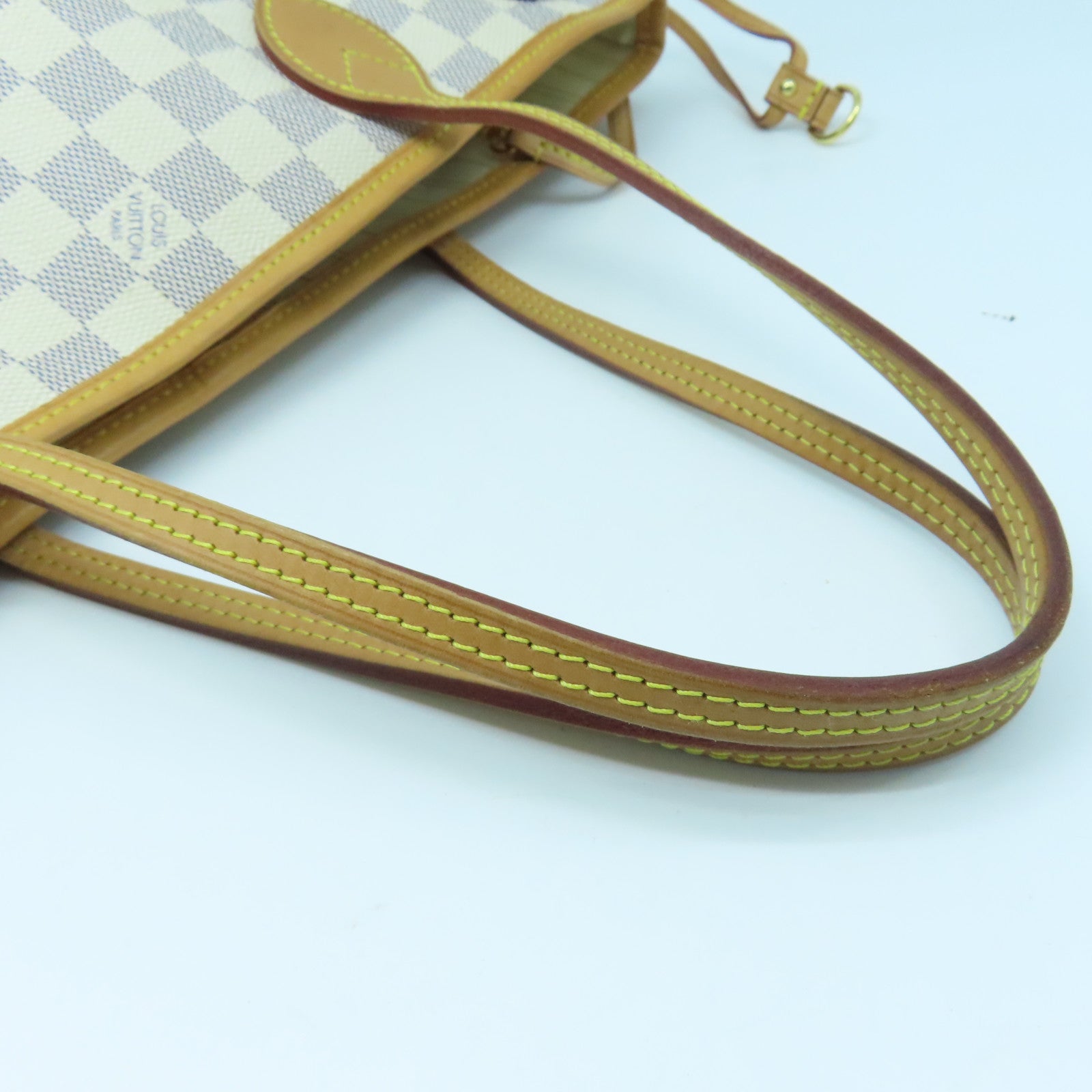 LOUIS VUITTON Damier Azur Neverfull PM Gold Buckle Handle Bag White