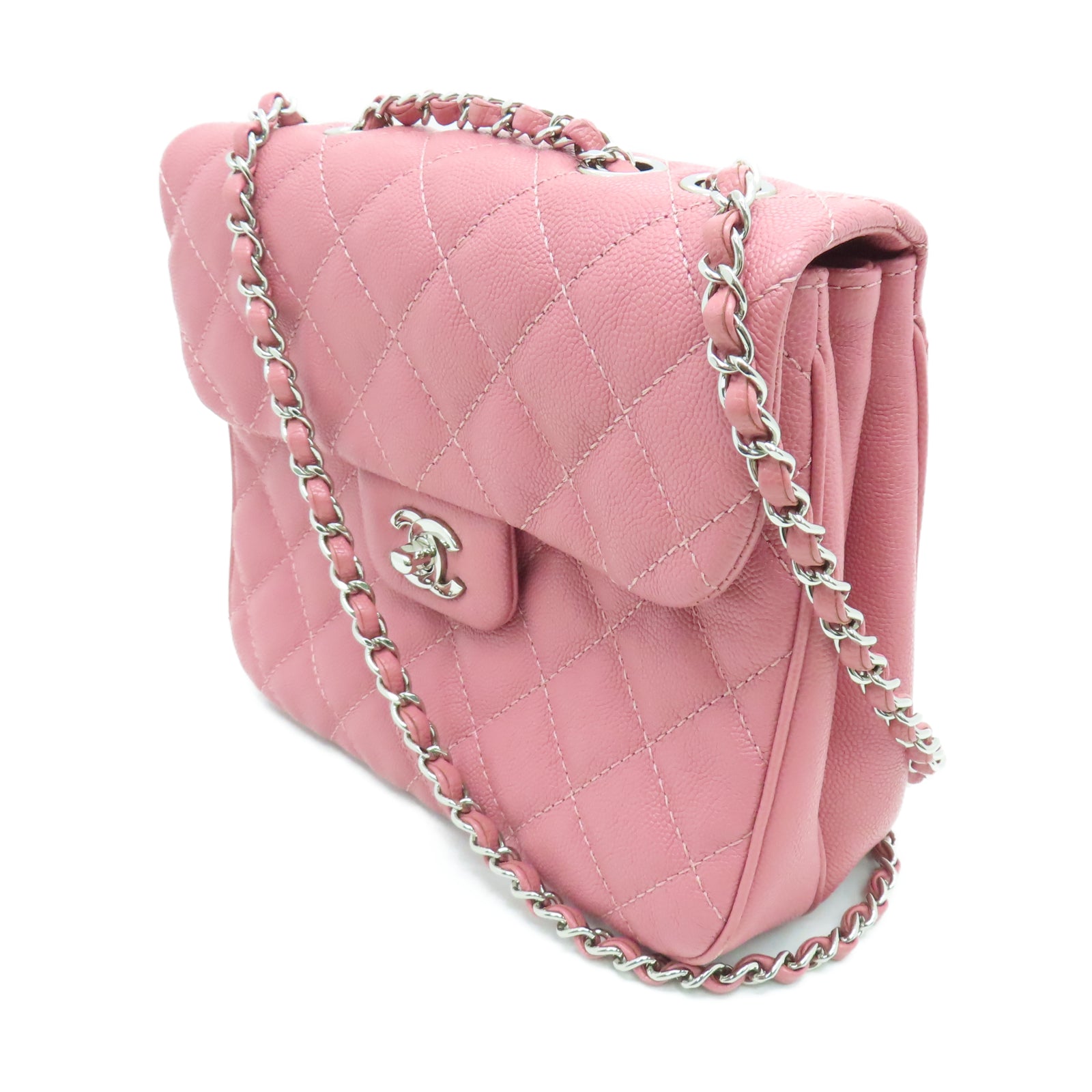 CHANEL 【激減優惠】菱格Caviar皮革Chain Shoulder銀扣鏈帶肩背袋粉紅色