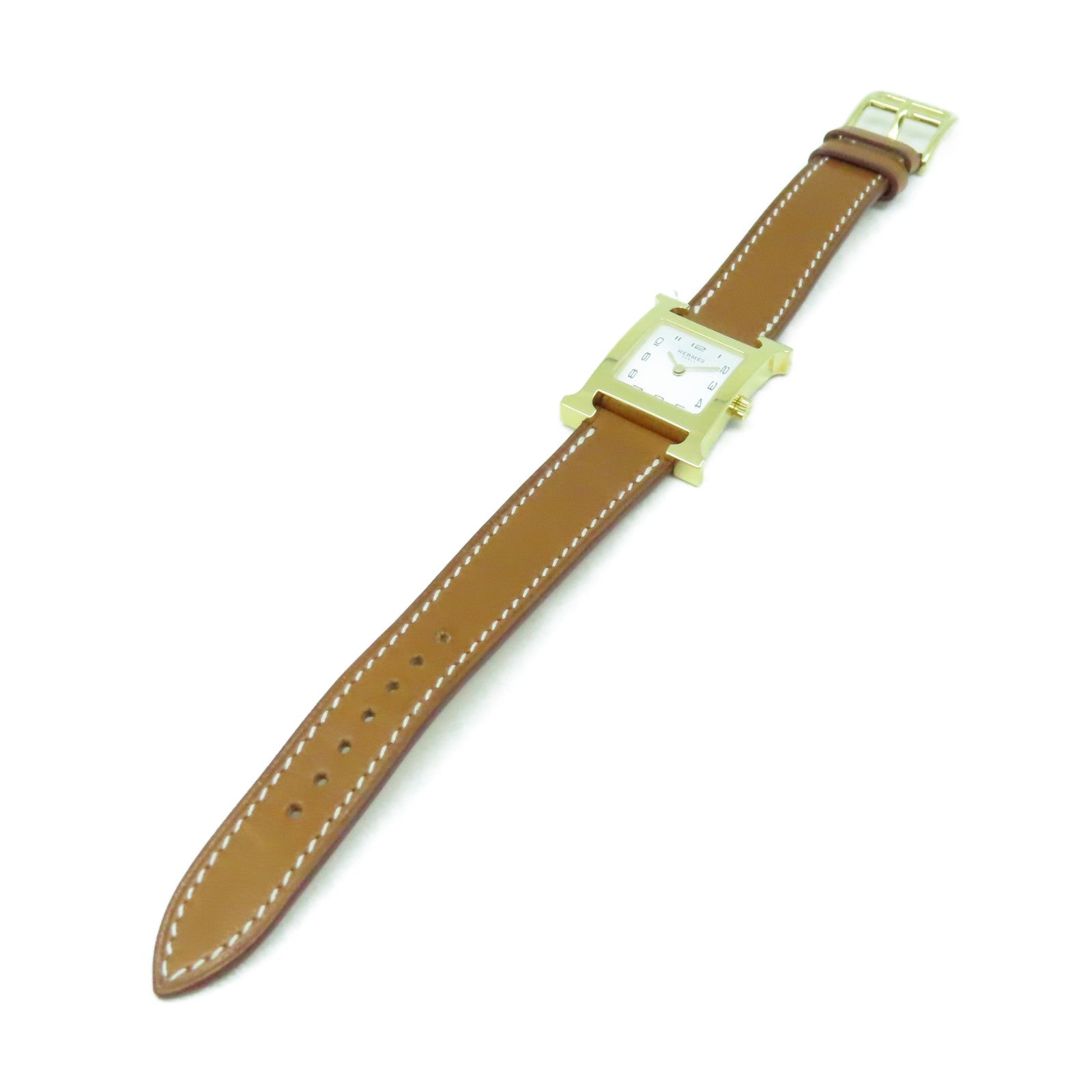 HERMES Heure H Watch 18K黃金/不鏽鋼/皮革帶石英機芯手錶白色/啡色