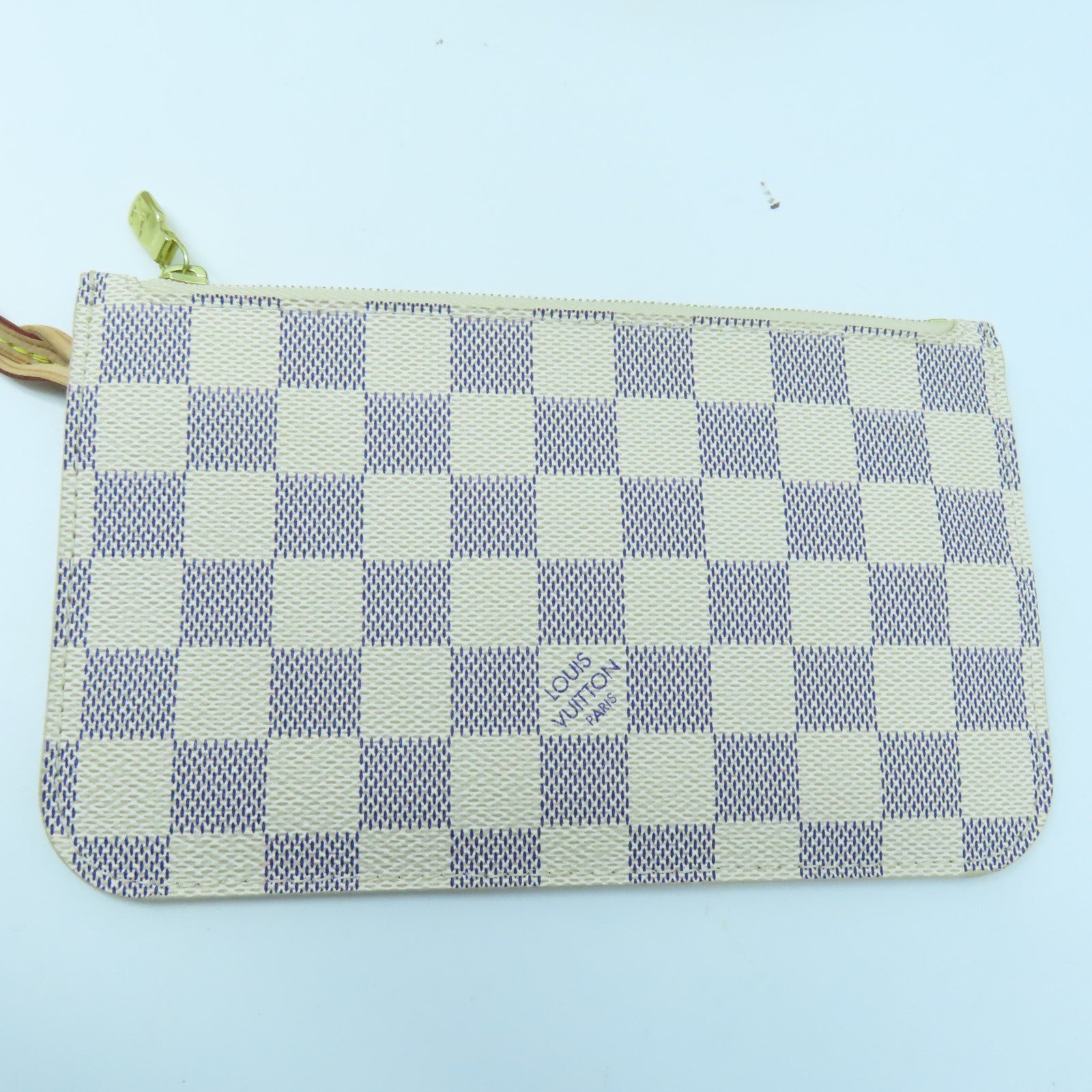 LOUIS VUITTON Damier Azur Neverfull PM Gold Buckle Handle Bag White