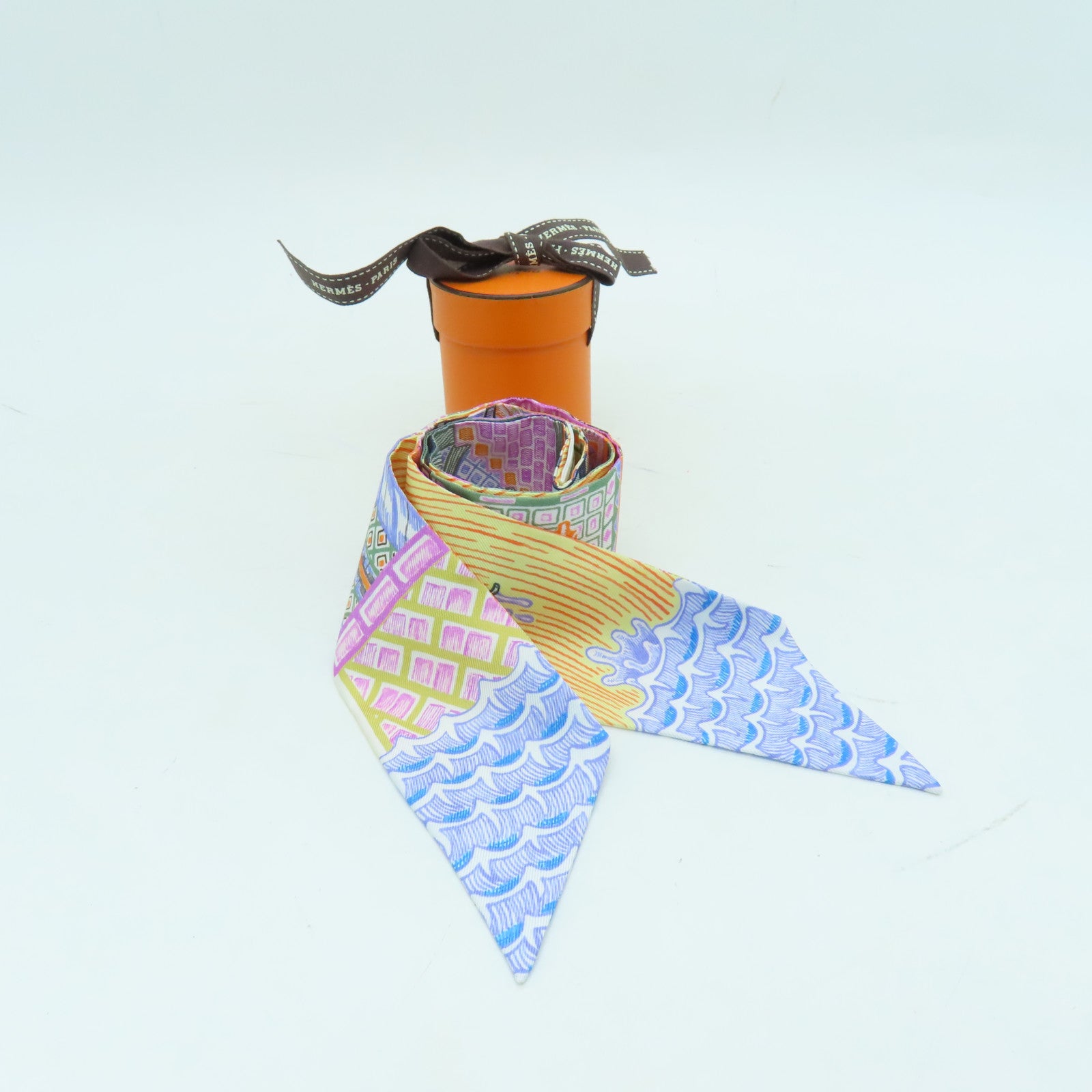 HERMES 絲質Twilly絲巾橙色/彩色