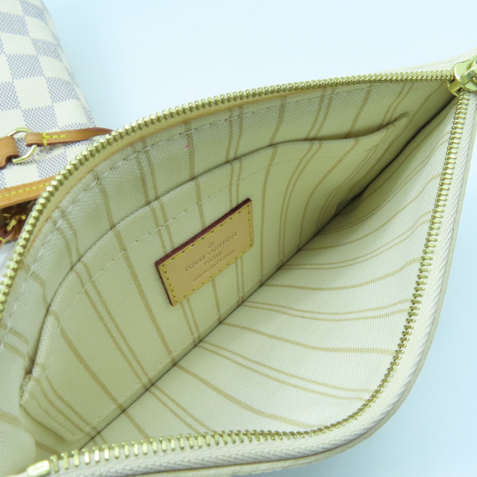 LOUIS VUITTON Damier Azur Neverfull PM Gold Buckle Handle Bag White