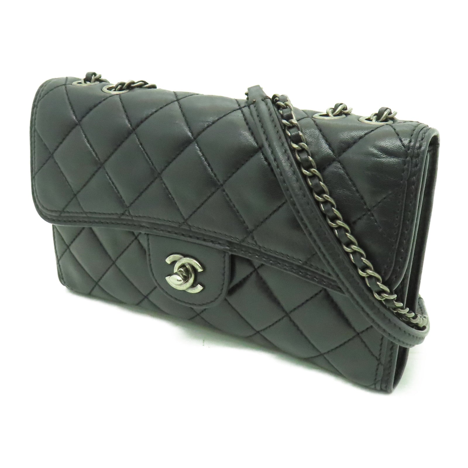 CHANEL 菱格羊皮皮革Chain Shoulder銀扣鏈帶肩背袋黑色