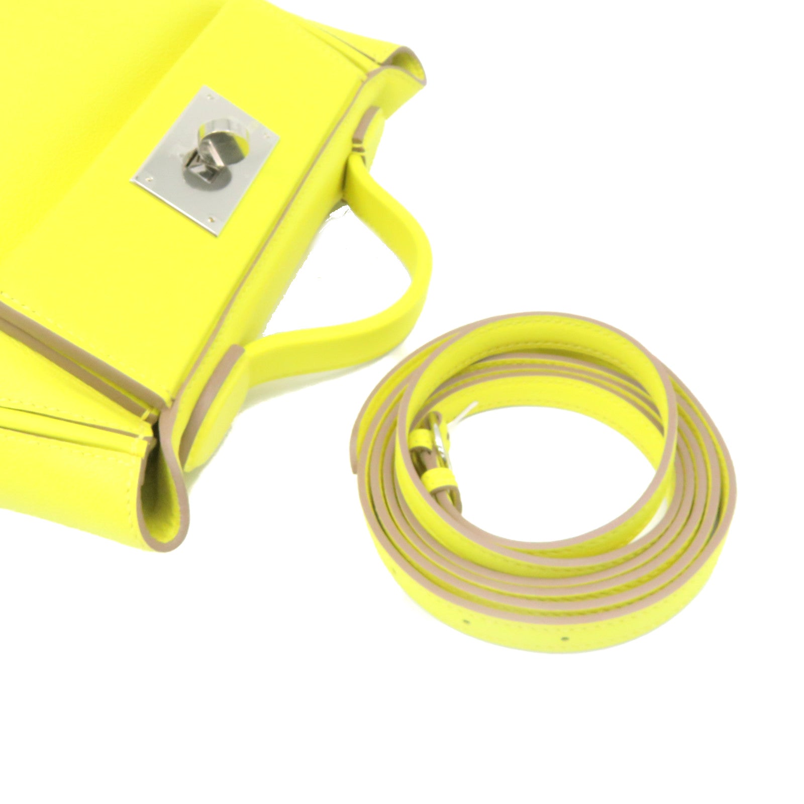 HERMES [Sharp Discount] Evercolor Leather Mini 24/24 2Way Shoulder Bag Silver Buckle Handle Shoulder Bag Lime Yellow