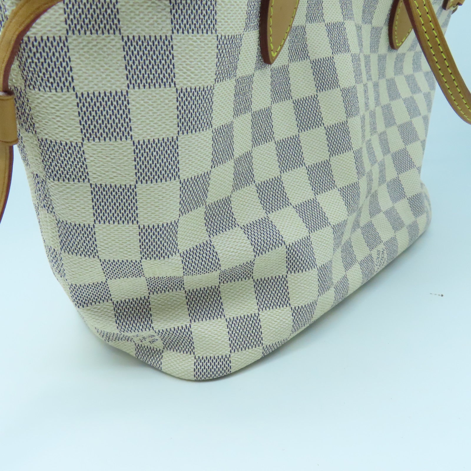 LOUIS VUITTON Damier Azur Neverfull PM Gold Buckle Handle Bag White
