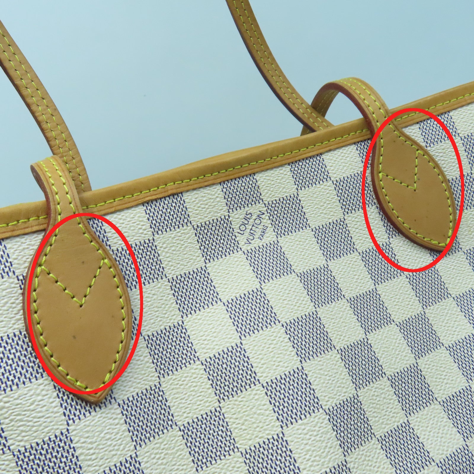 LOUIS VUITTON Damier Azur Neverfull PM Gold Buckle Handle Bag White