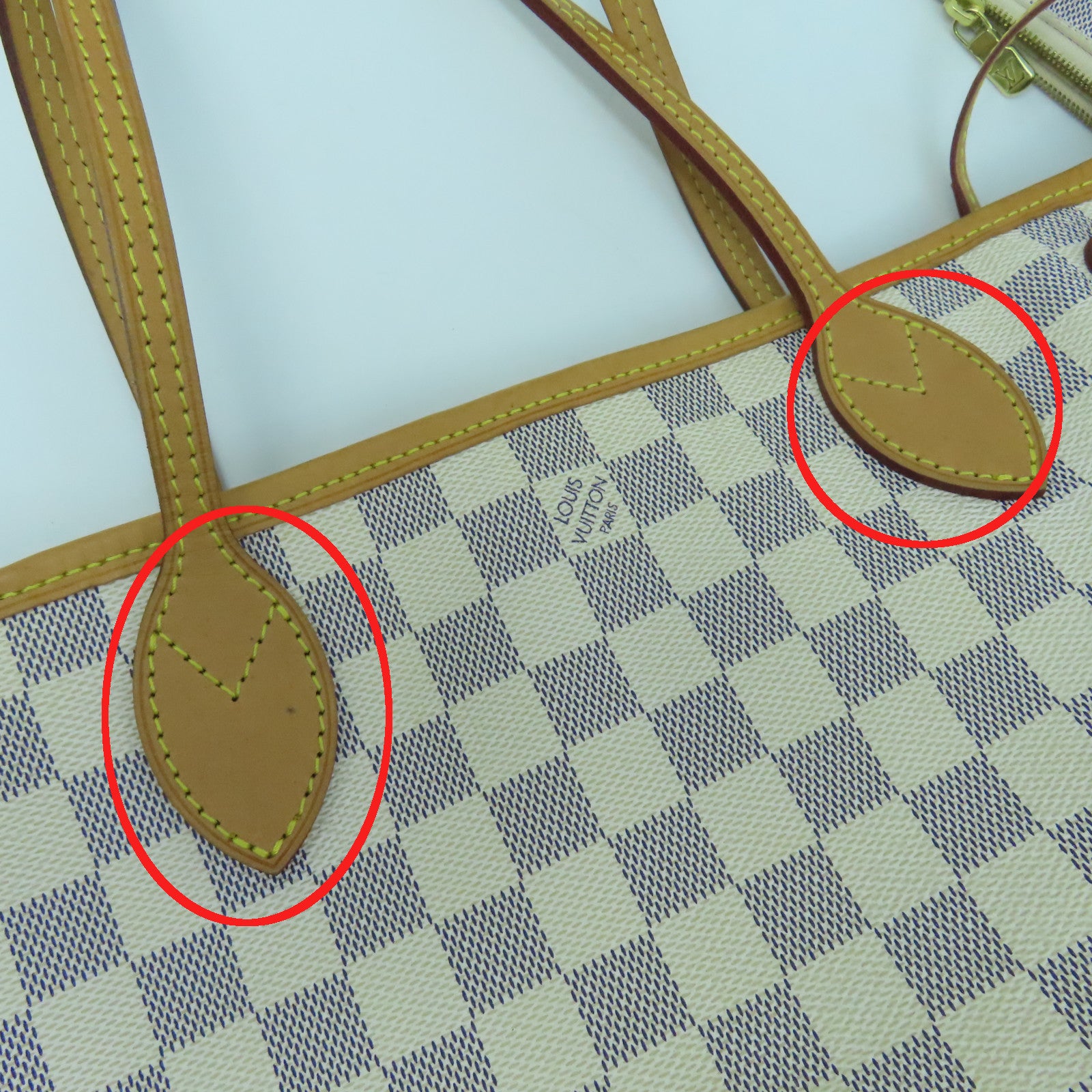 LOUIS VUITTON Damier Azur Neverfull PM Gold Buckle Handle Bag White