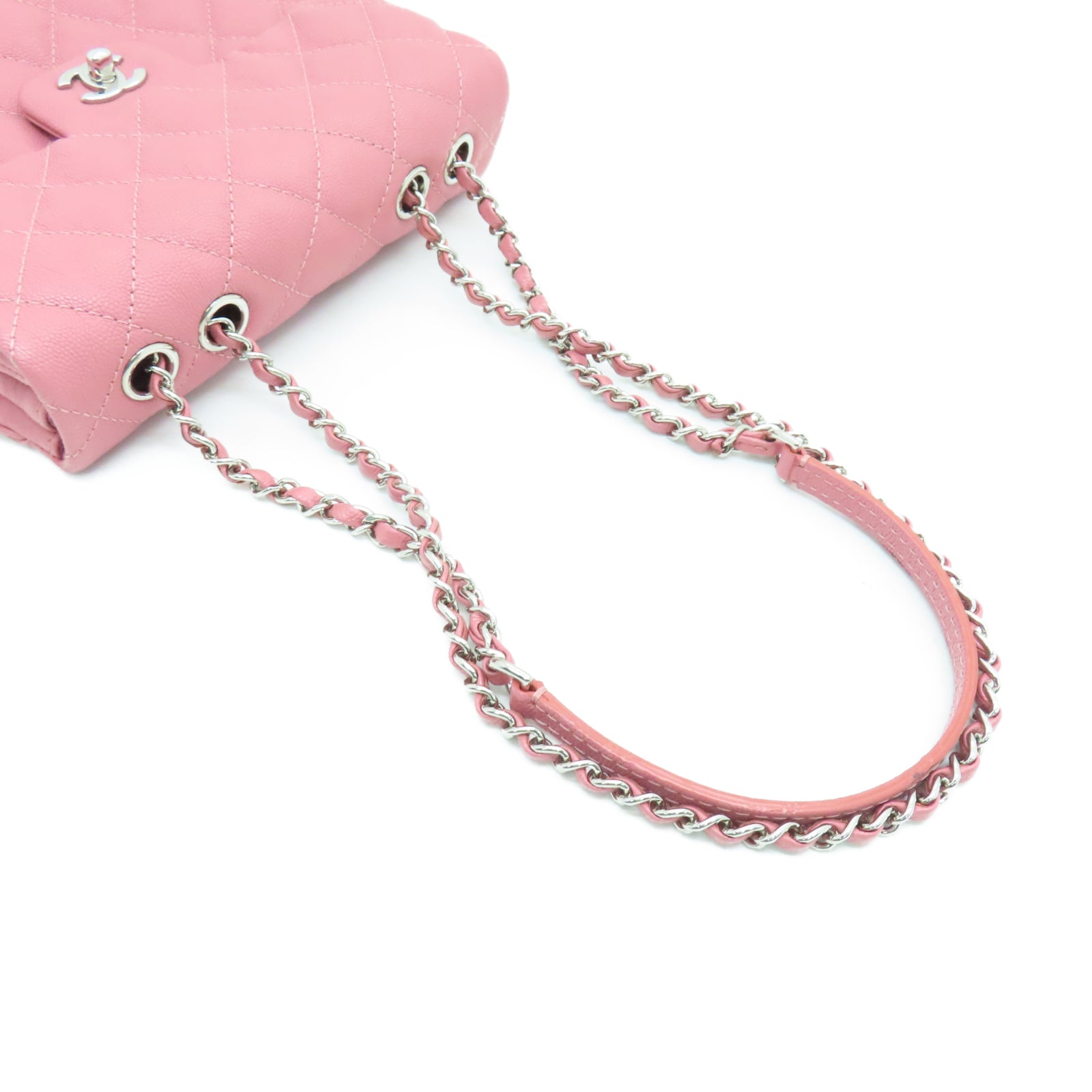 CHANEL 【激減優惠】菱格Caviar皮革Chain Shoulder銀扣鏈帶肩背袋粉紅色