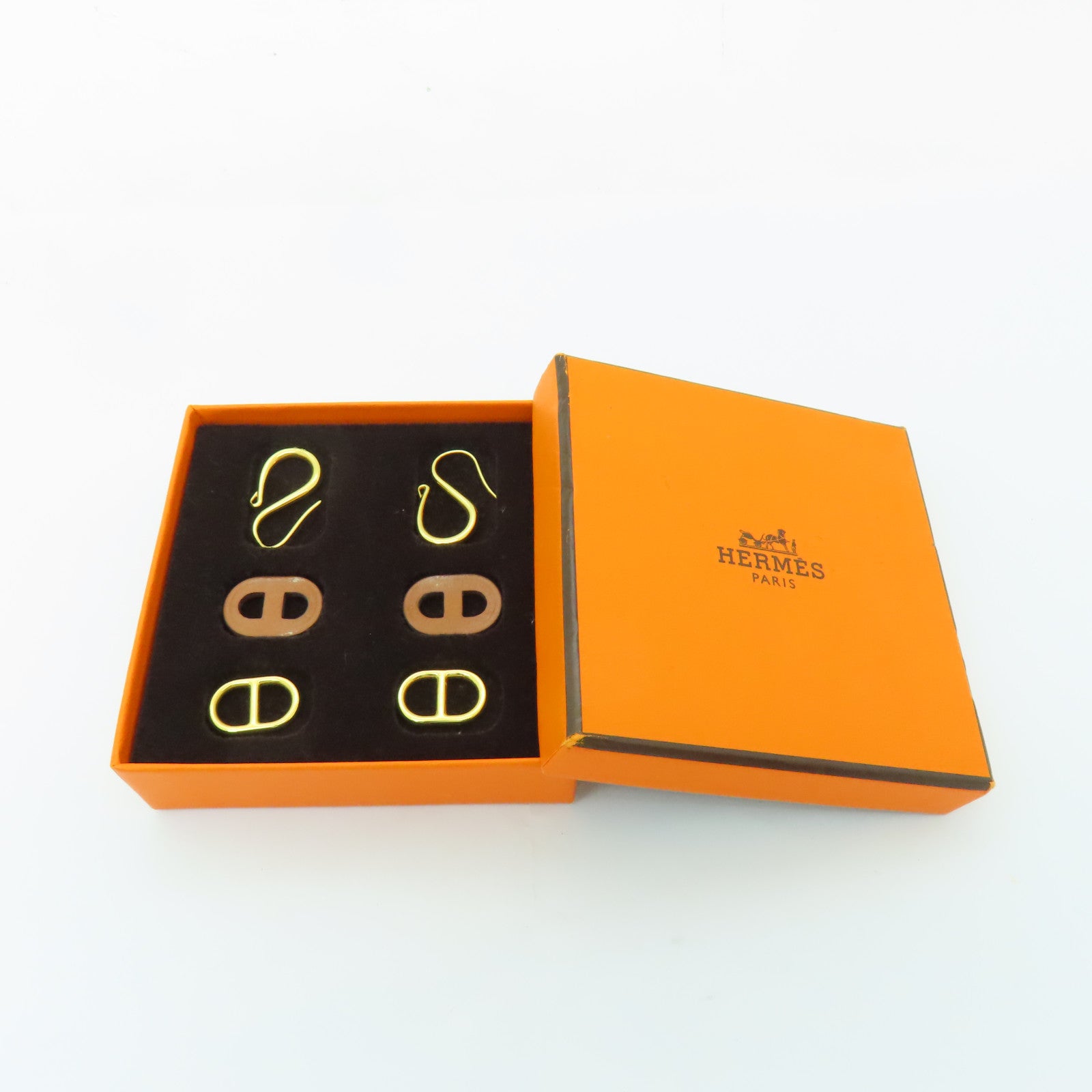 HERMES 金屬/牛皮皮革O'Maillon Earrings耳環金色/啡色