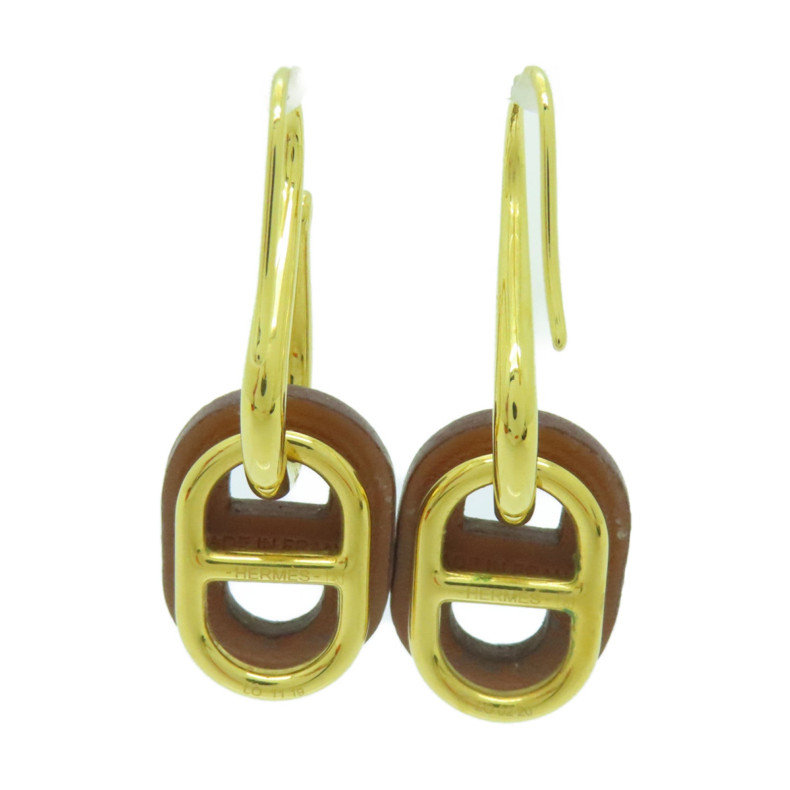 HERMES 金屬/牛皮皮革O'Maillon Earrings耳環金色/啡色
