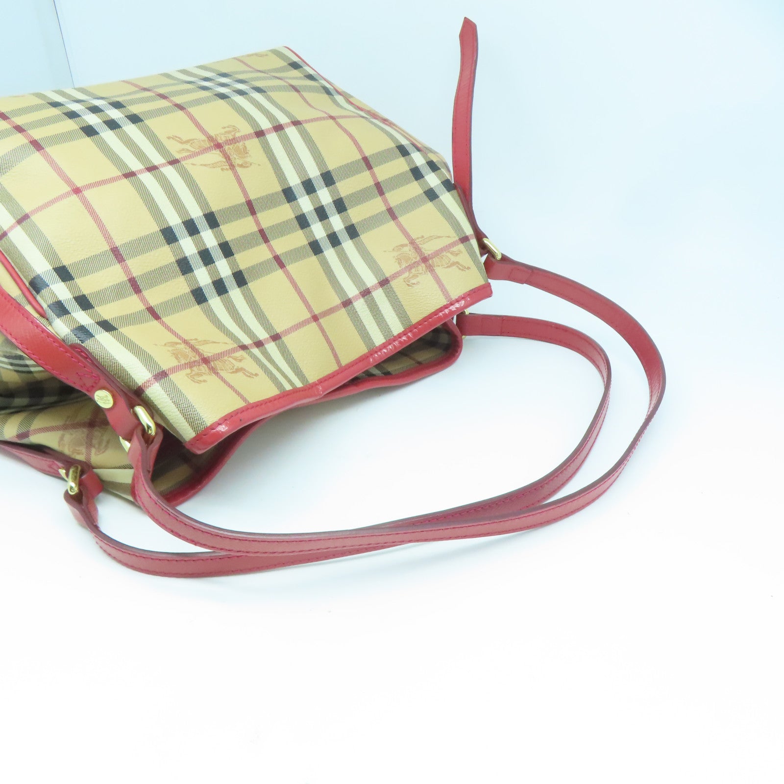 BURBERRY 塗層帆布Shoulder Bag金扣肩背袋杏色/紅色
