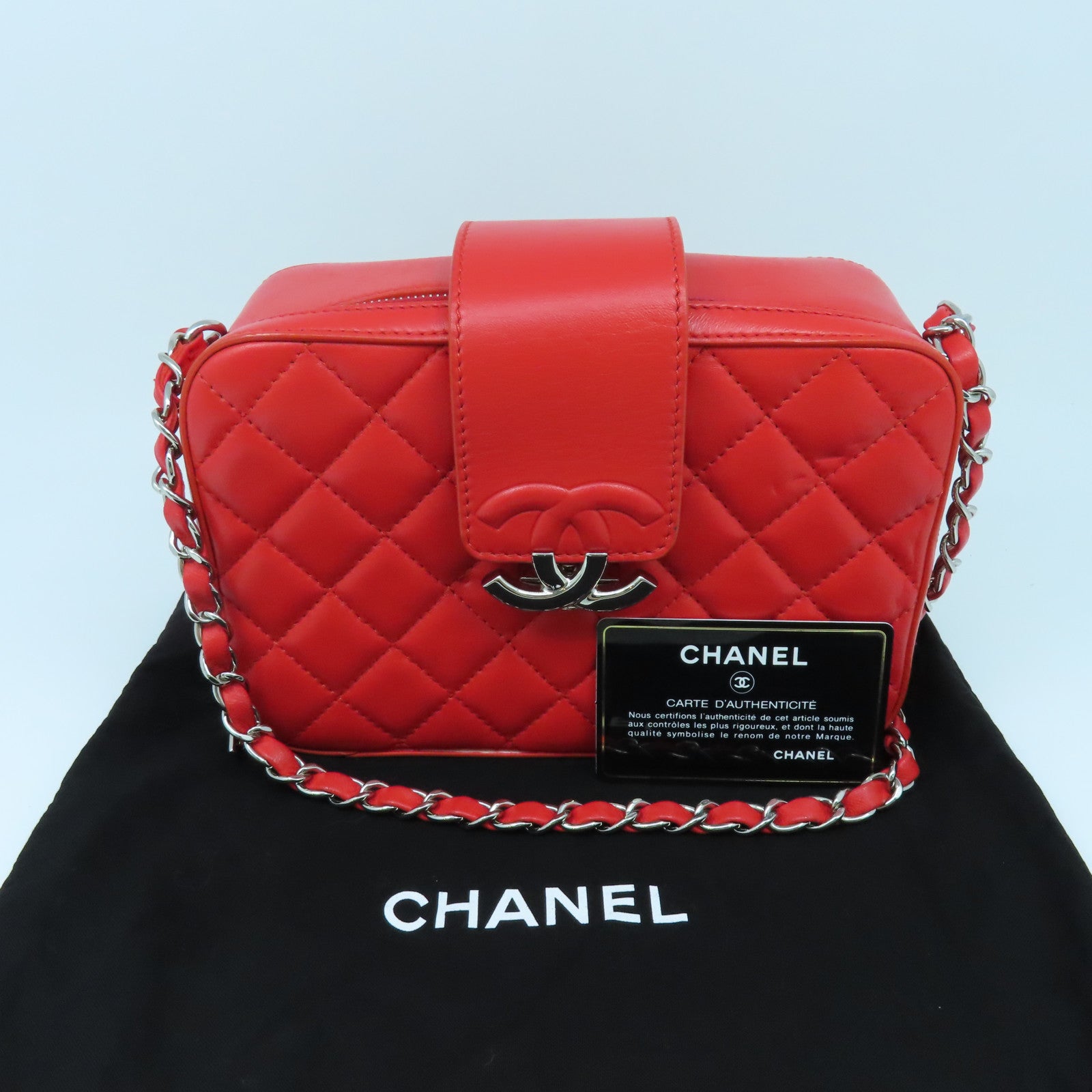 CHANEL 菱格Chain Shoulder Bag銀扣鏈帶肩背袋紅色