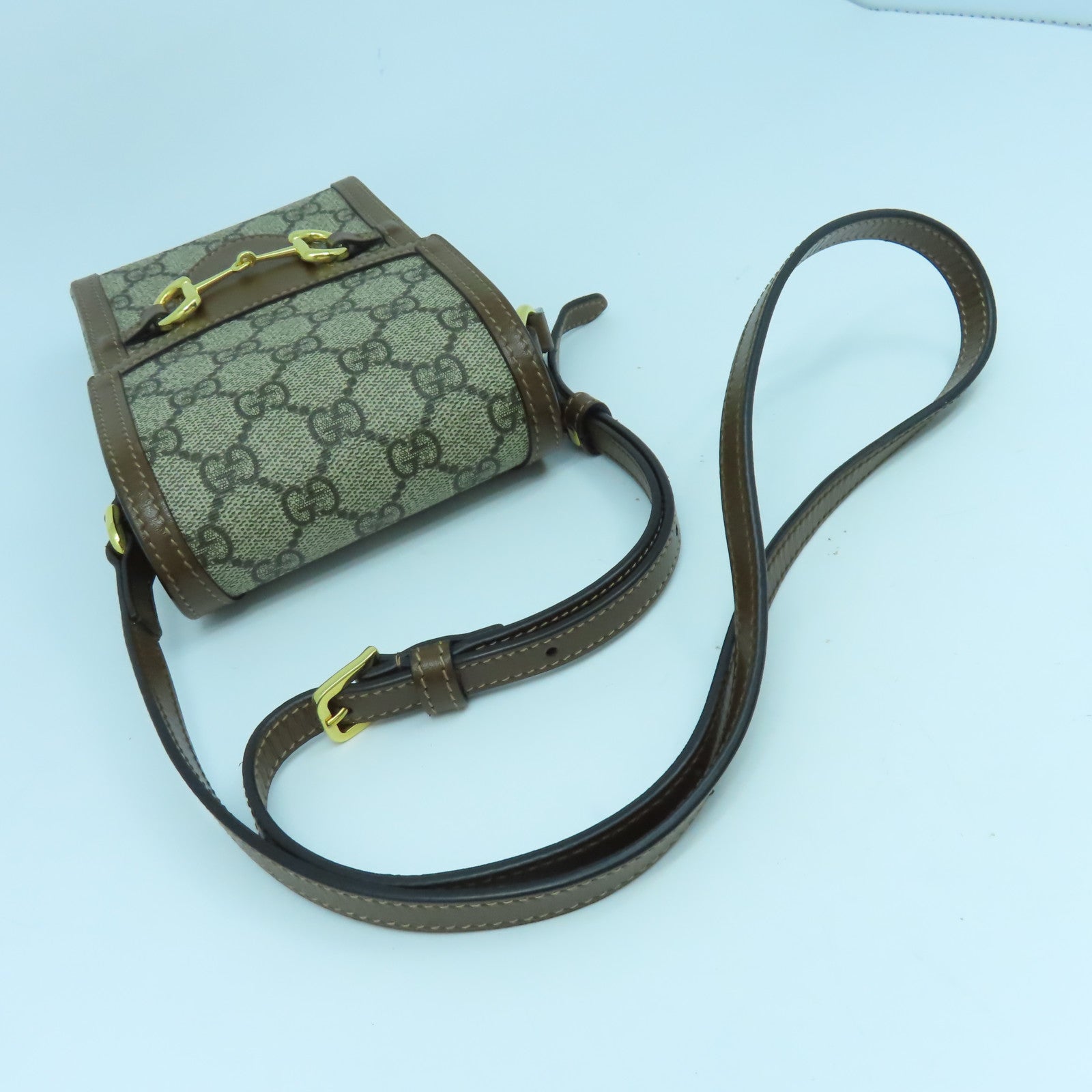 GUCCI 塗層帆布Mini Horsebit 1955金扣肩背袋啡色