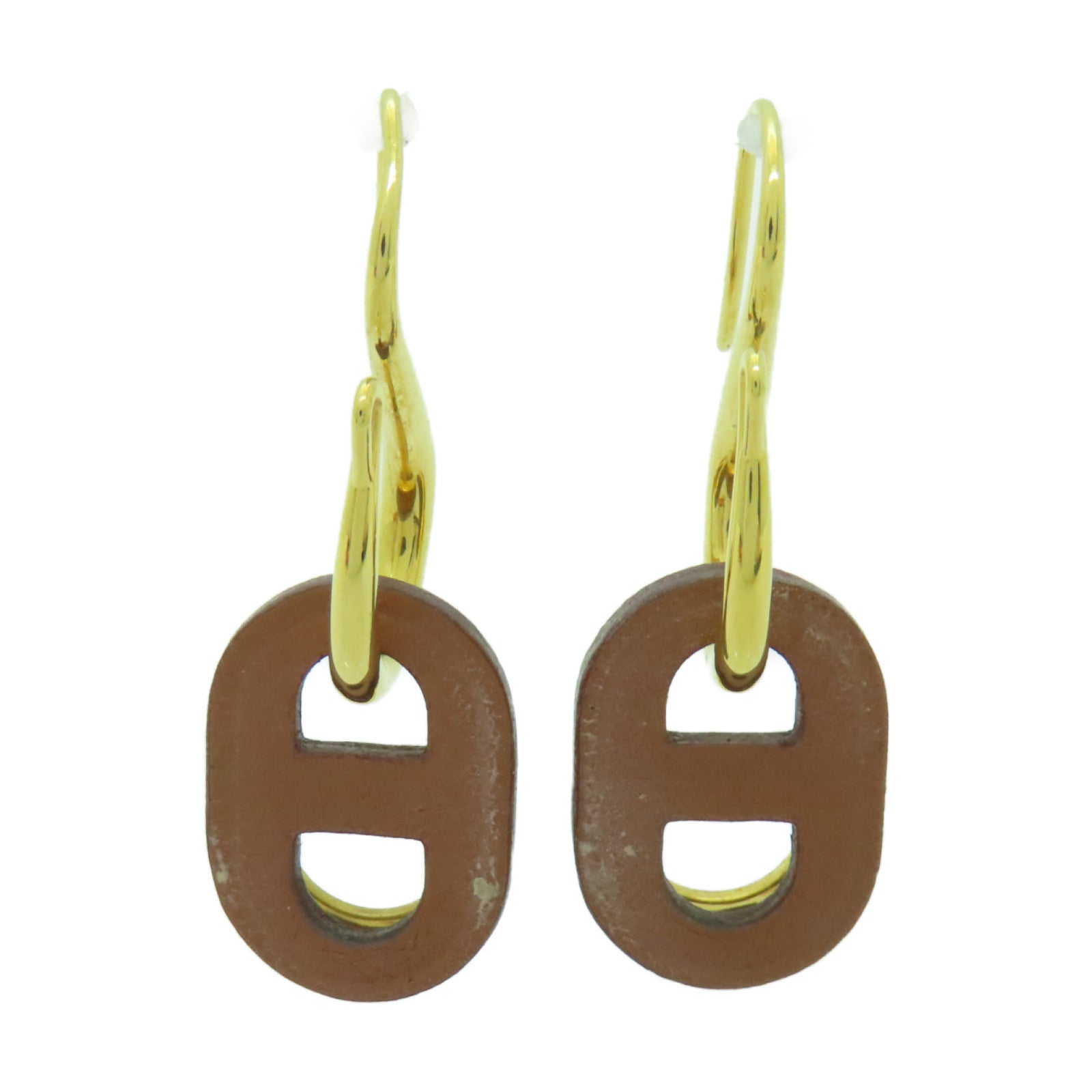 HERMES 金屬/牛皮皮革O'Maillon Earrings耳環金色/啡色