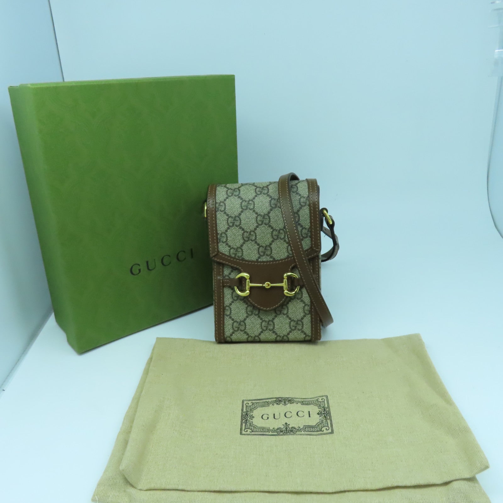 GUCCI 塗層帆布Mini Horsebit 1955金扣肩背袋啡色