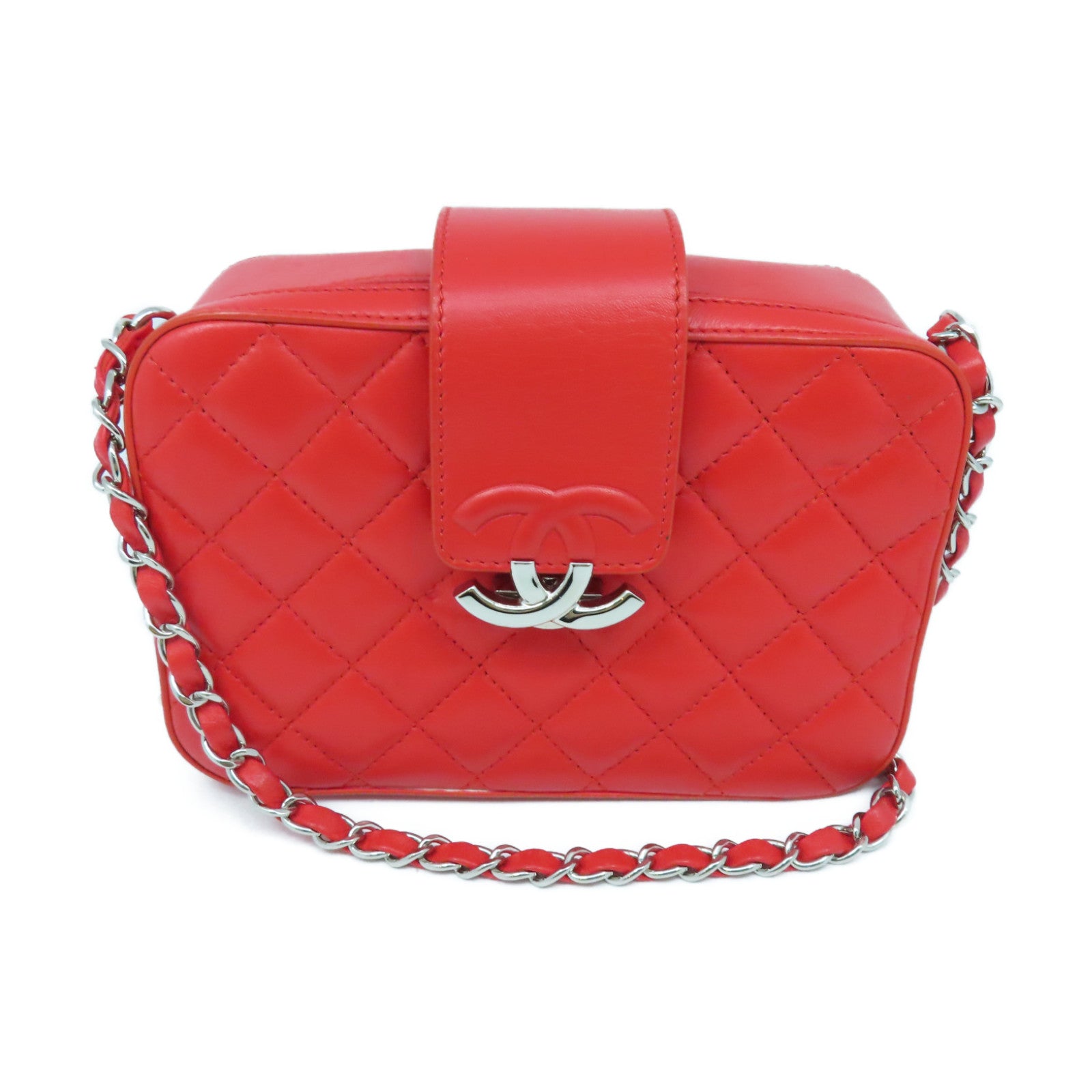 CHANEL 菱格Chain Shoulder Bag銀扣鏈帶肩背袋紅色