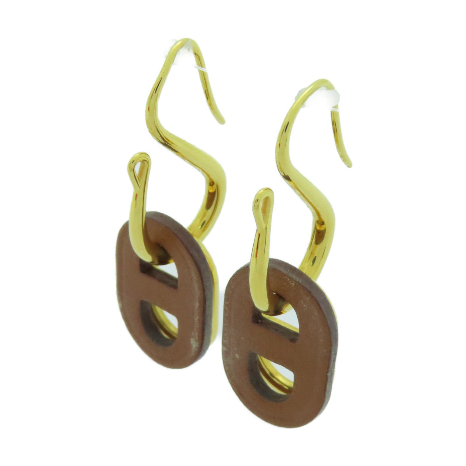 HERMES 金屬/牛皮皮革O'Maillon Earrings耳環金色/啡色