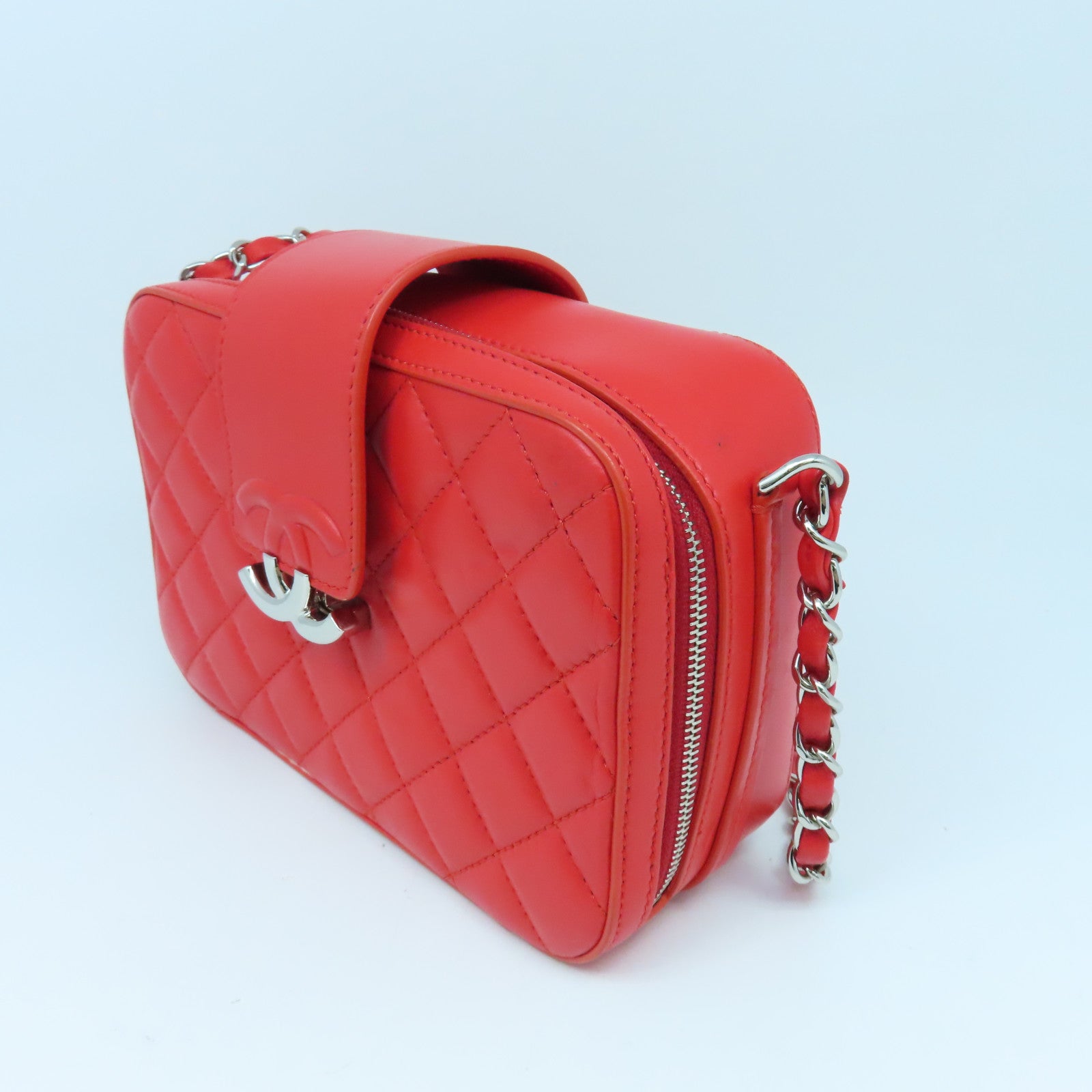 CHANEL 菱格Chain Shoulder Bag銀扣鏈帶肩背袋紅色