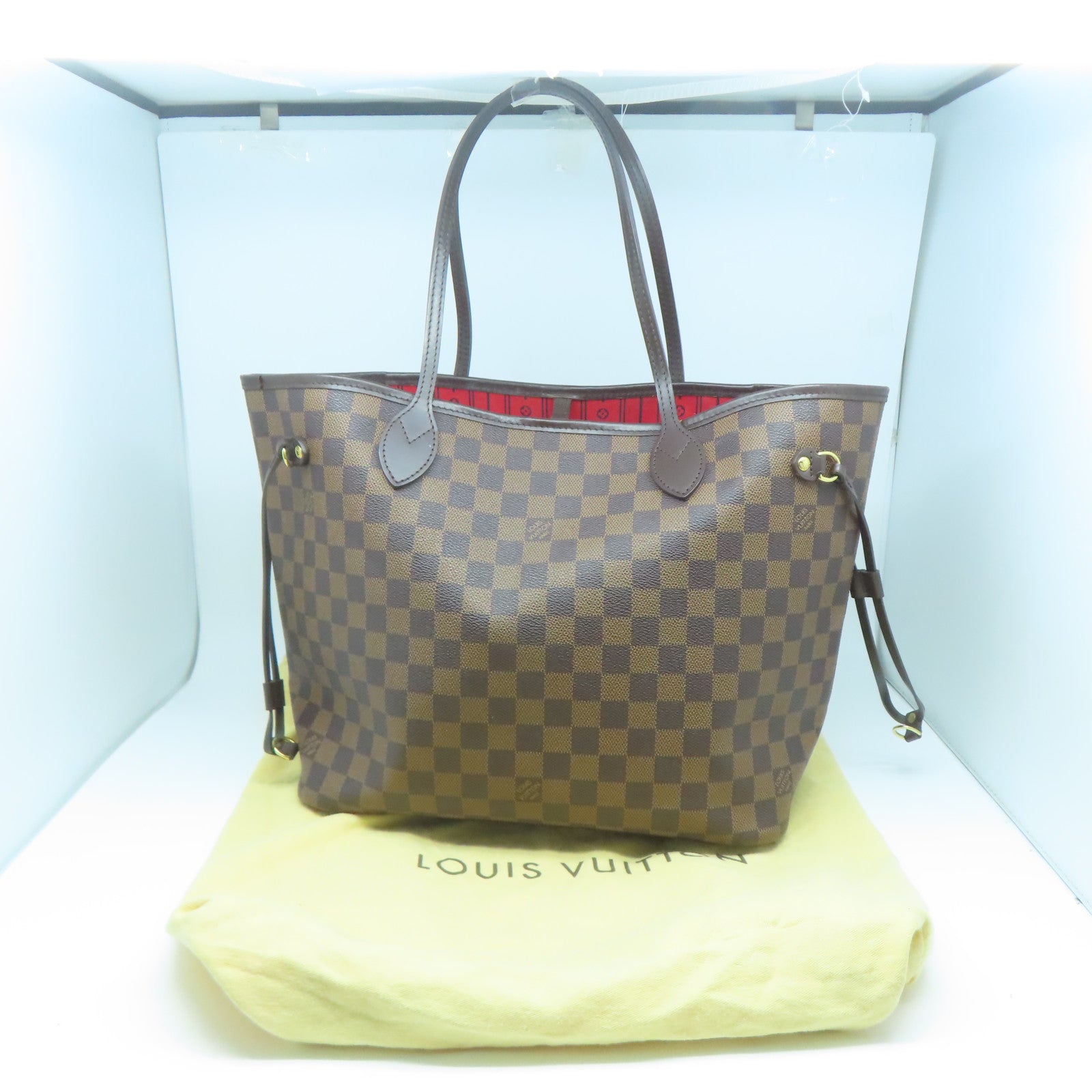 LOUIS VUITTON Damier Neverfull MM金扣手挽袋棕色