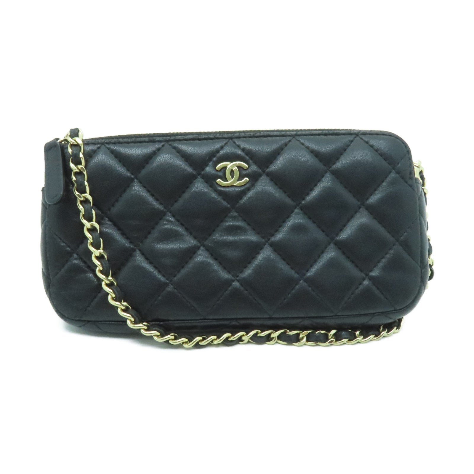 CHANEL 菱格羊皮皮革Chain Shoulder金扣鏈帶肩背袋黑色