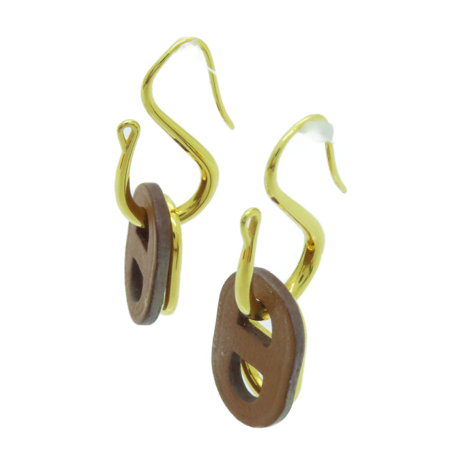 HERMES 金屬/牛皮皮革O'Maillon Earrings耳環金色/啡色