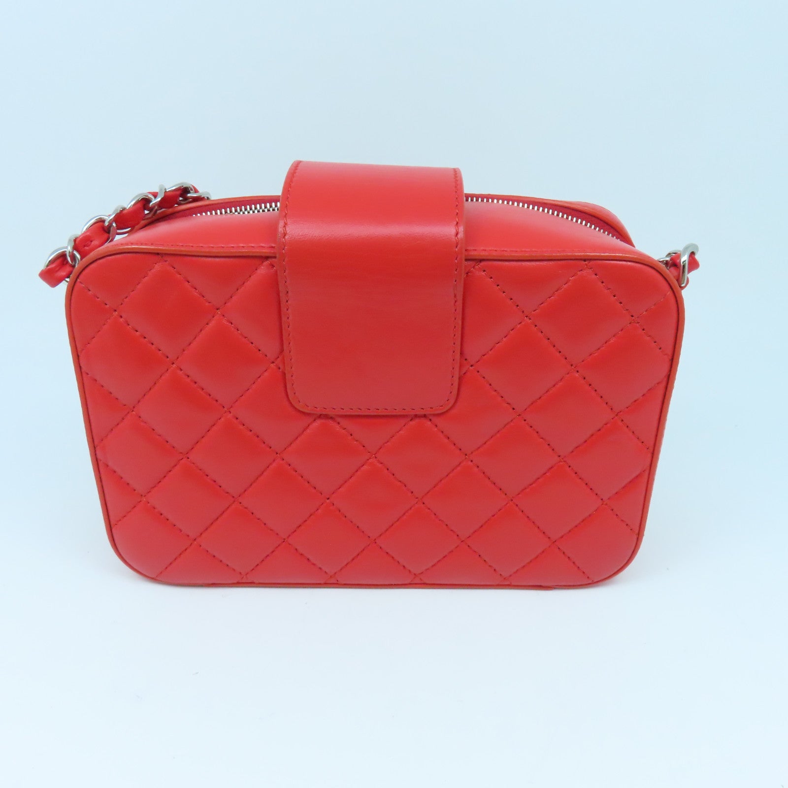 CHANEL 菱格Chain Shoulder Bag銀扣鏈帶肩背袋紅色