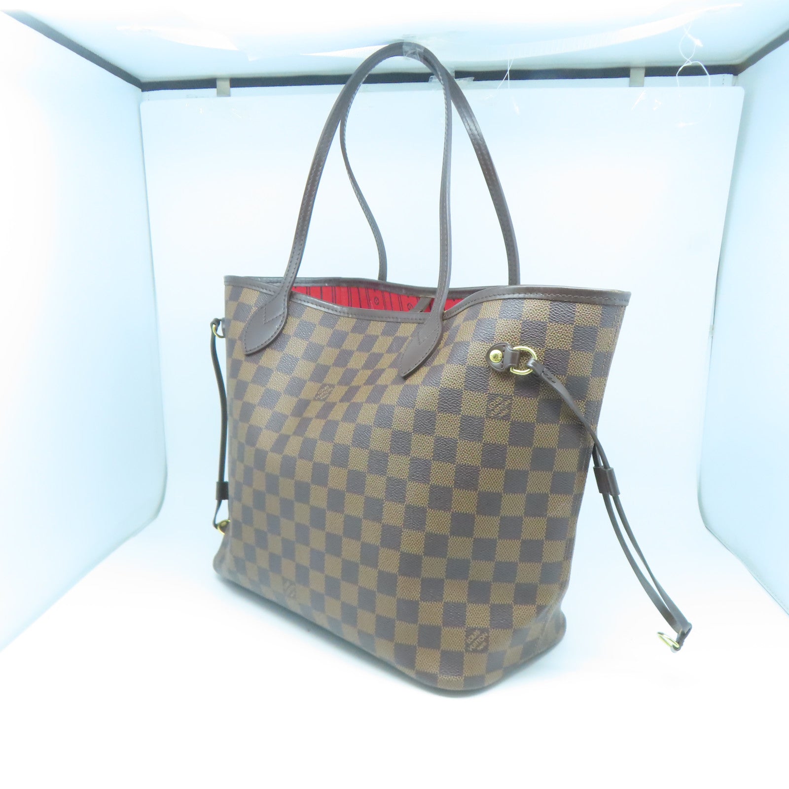 LOUIS VUITTON Damier Neverfull MM金扣手挽袋棕色