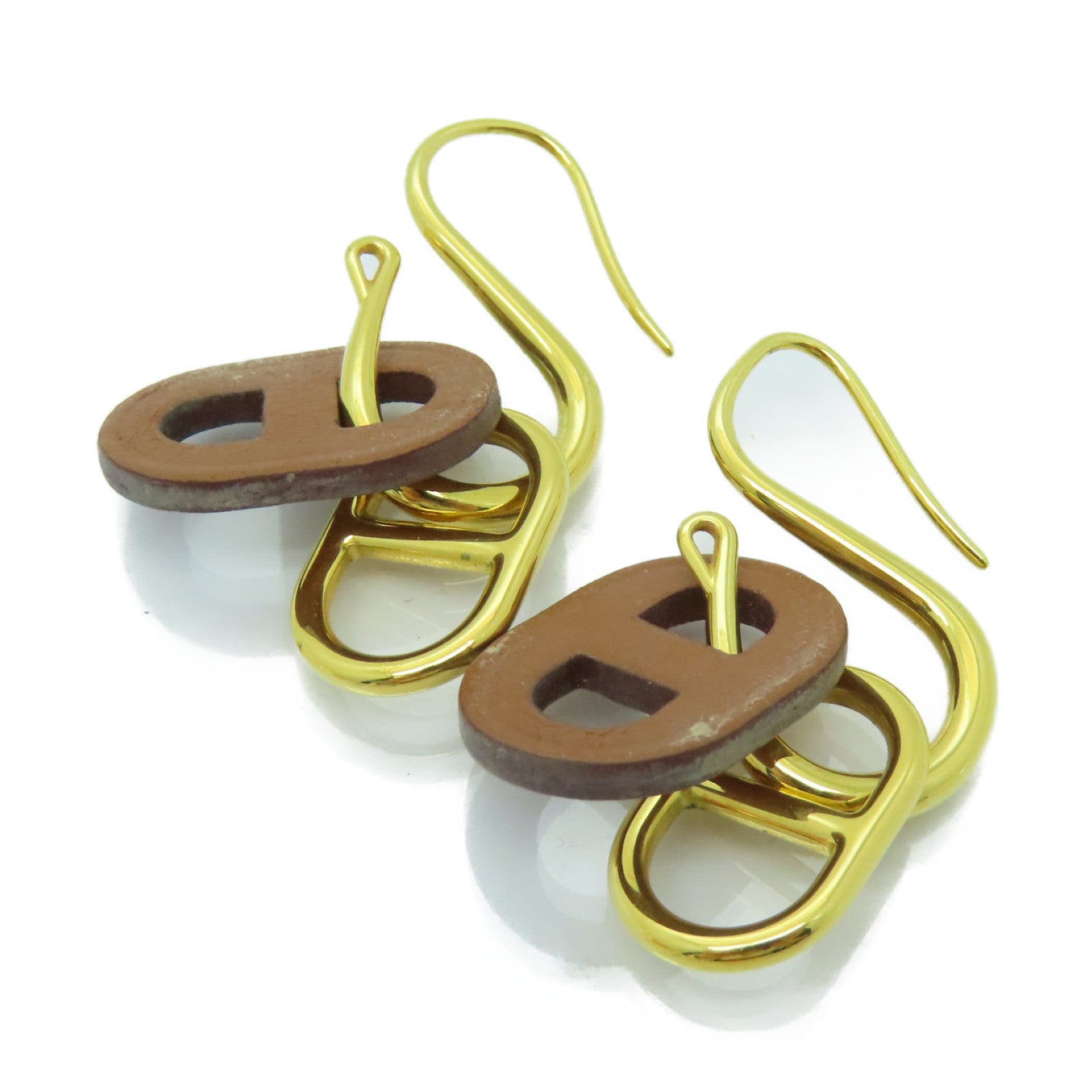 HERMES 金屬/牛皮皮革O'Maillon Earrings耳環金色/啡色