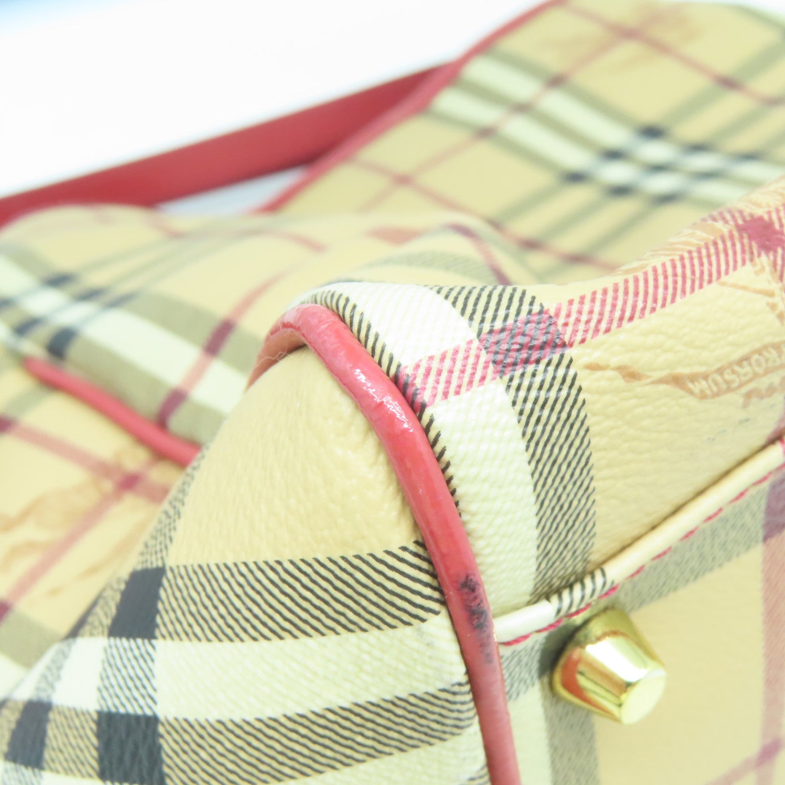 BURBERRY 塗層帆布Shoulder Bag金扣肩背袋杏色/紅色