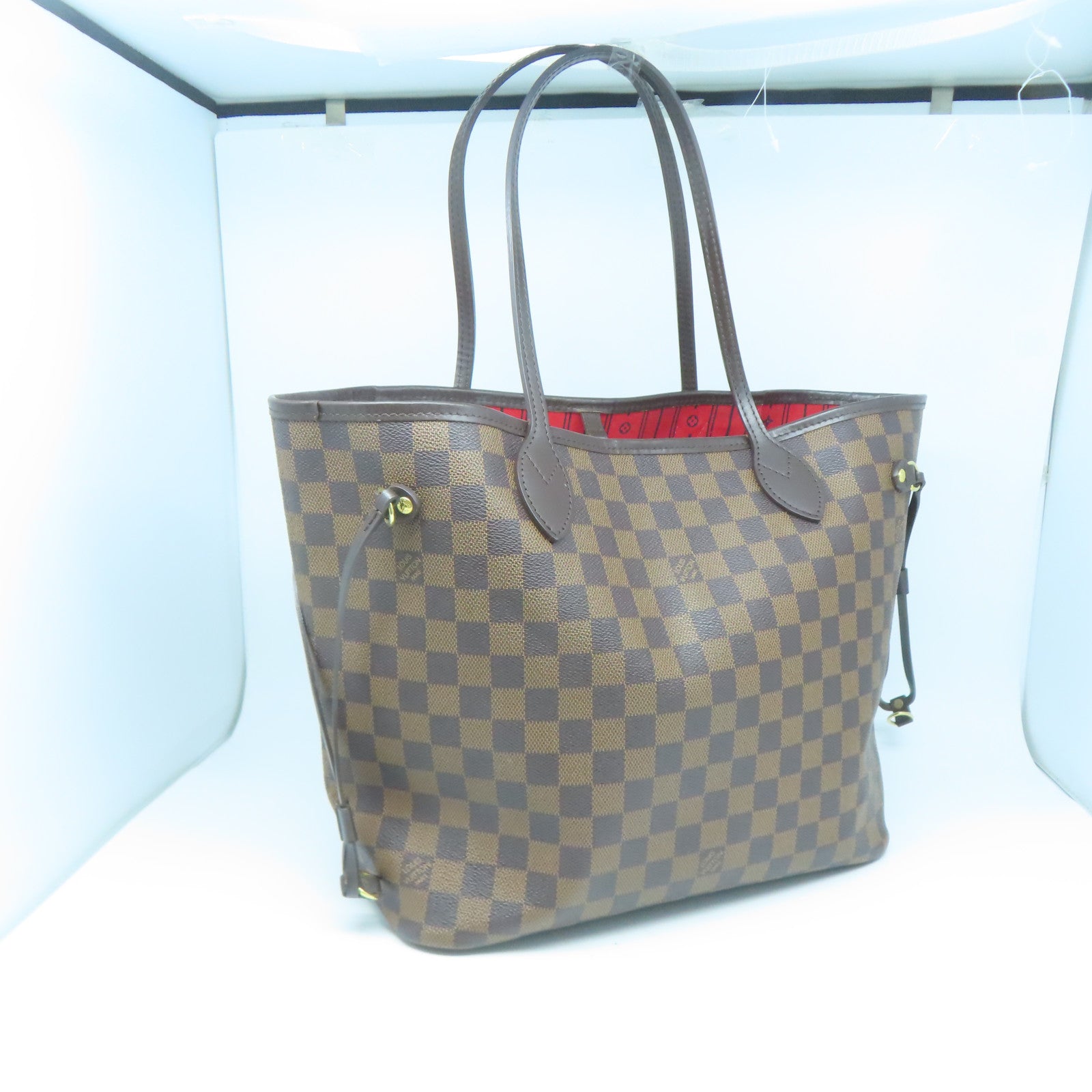 LOUIS VUITTON Damier Neverfull MM金扣手挽袋棕色