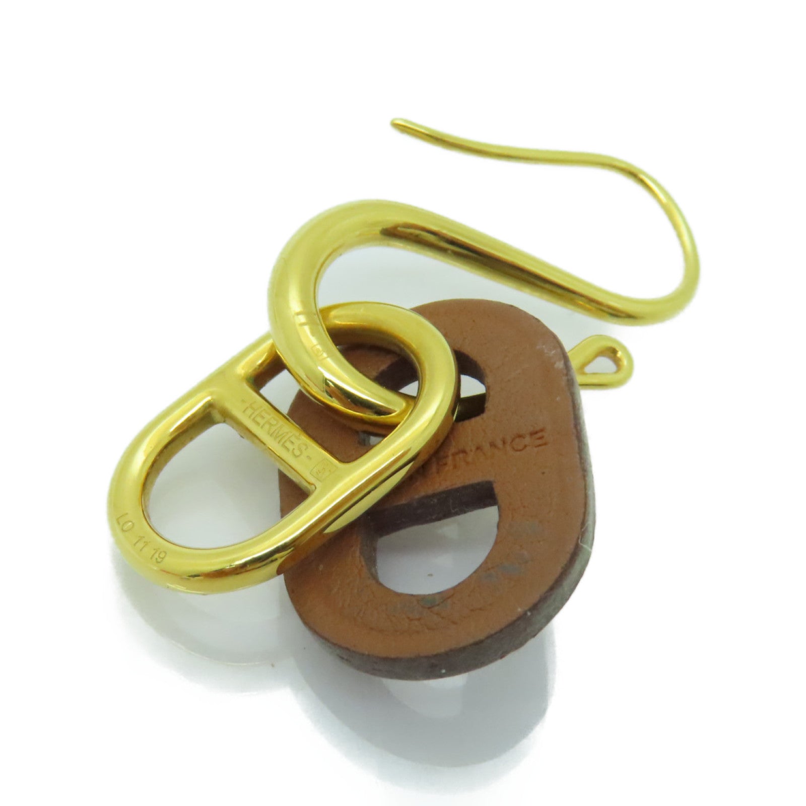 HERMES 金屬/牛皮皮革O'Maillon Earrings耳環金色/啡色