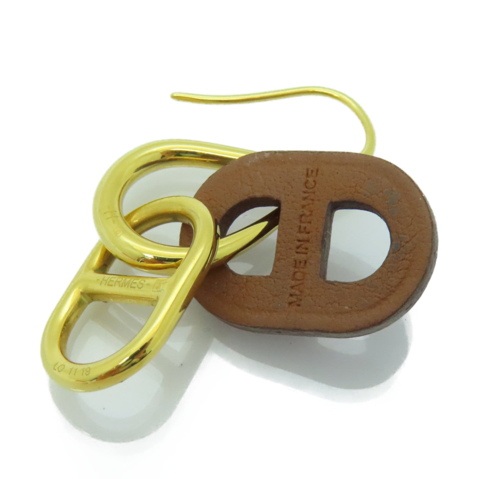 HERMES 金屬/牛皮皮革O'Maillon Earrings耳環金色/啡色