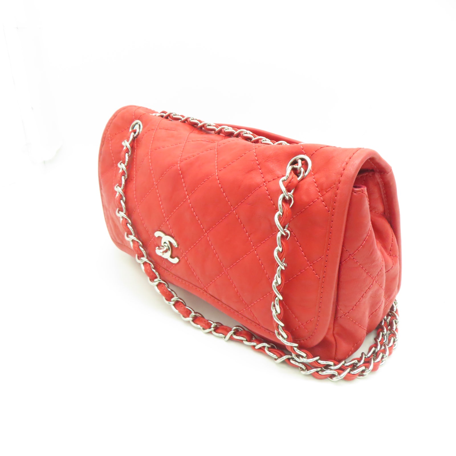 CHANEL 【激減優惠】菱格牛皮皮革Chain Shoulder銀扣鏈帶肩背袋紅色