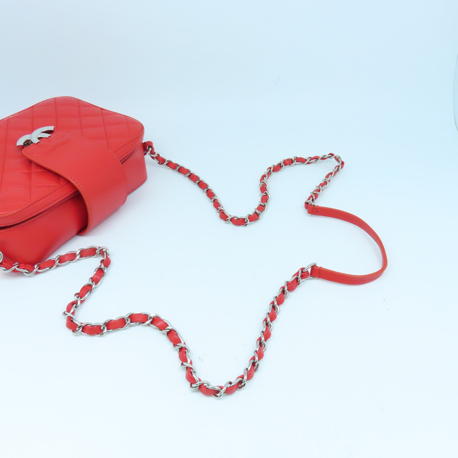CHANEL 菱格Chain Shoulder Bag銀扣鏈帶肩背袋紅色