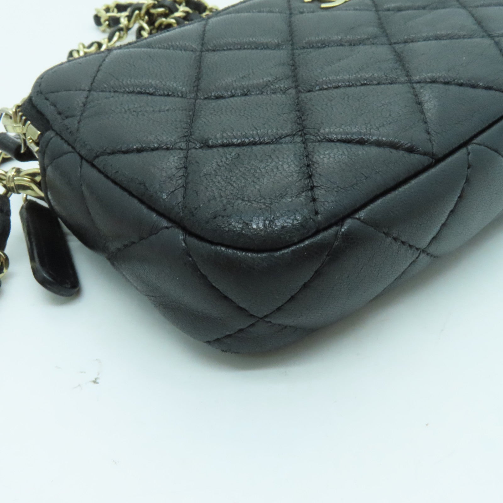 CHANEL 菱格羊皮皮革Chain Shoulder金扣鏈帶肩背袋黑色