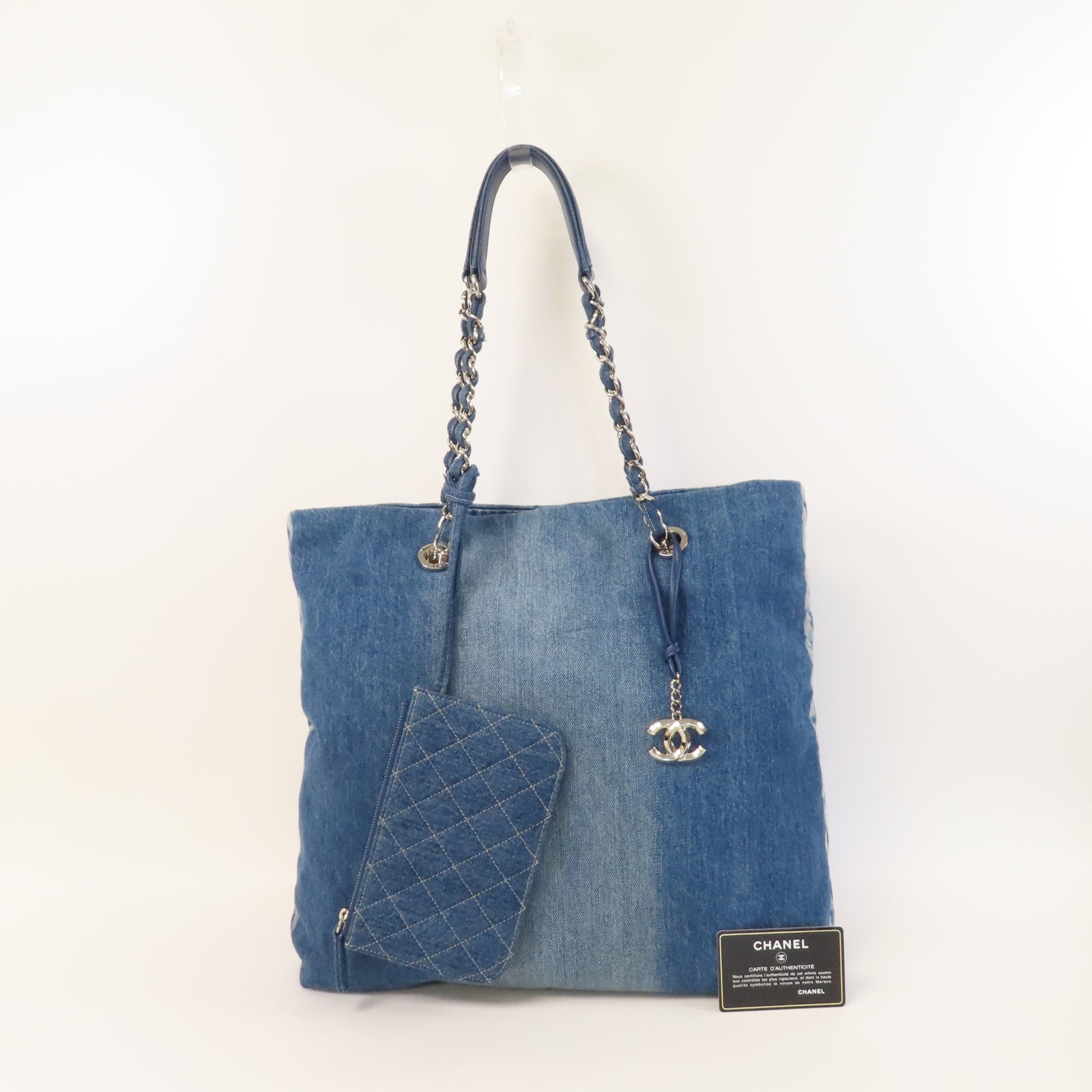 CHANEL 牛仔布Tote Bag銀扣肩背袋藍色