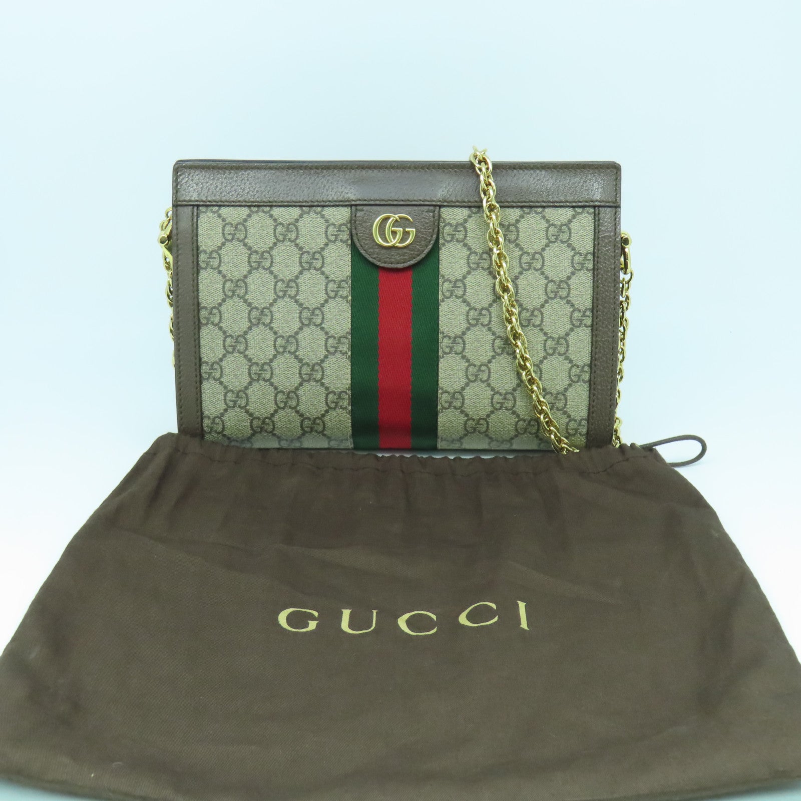 GUCCI 塗層帆布Ophidia GG金扣鏈帶肩背袋啡色