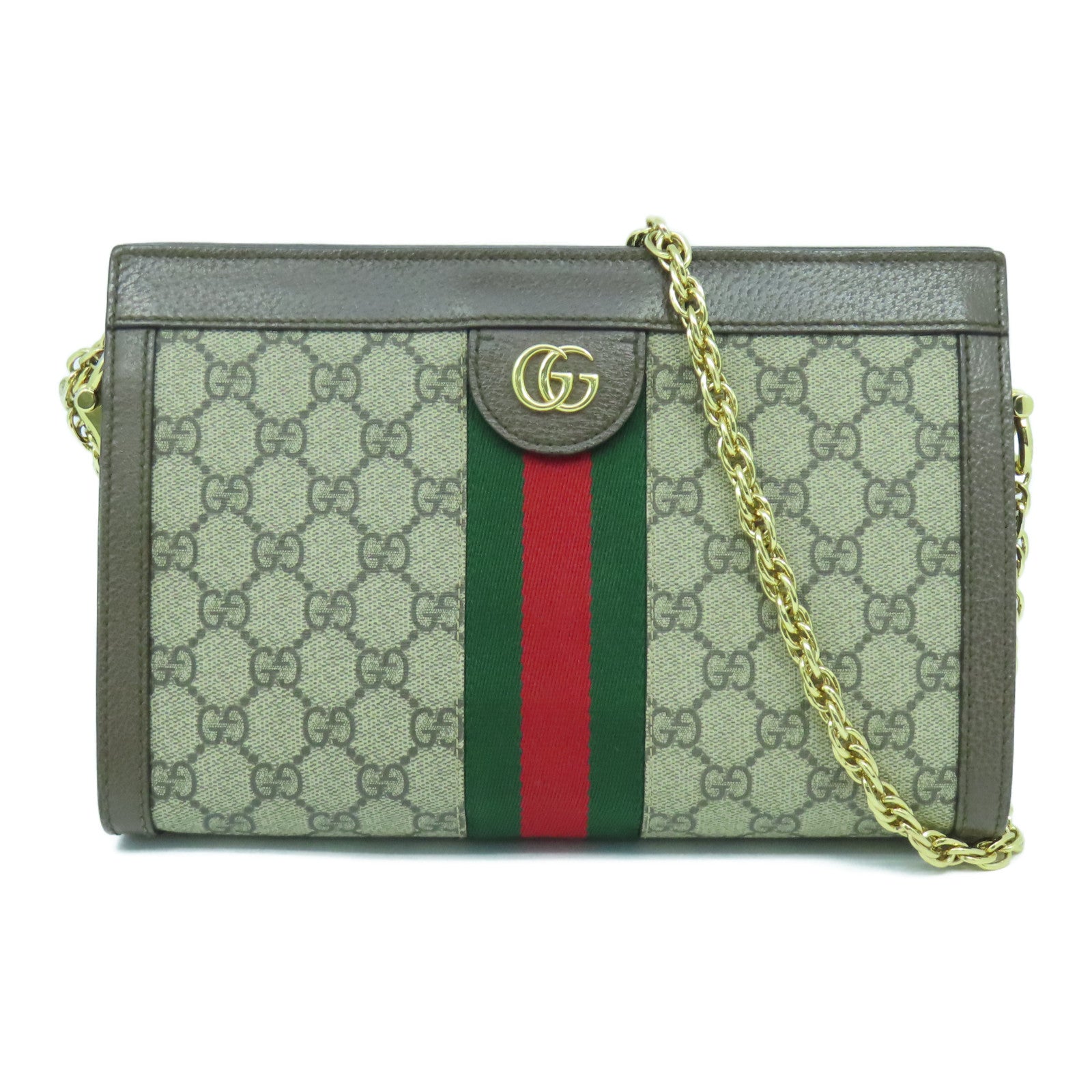 GUCCI 塗層帆布Ophidia GG金扣鏈帶肩背袋啡色